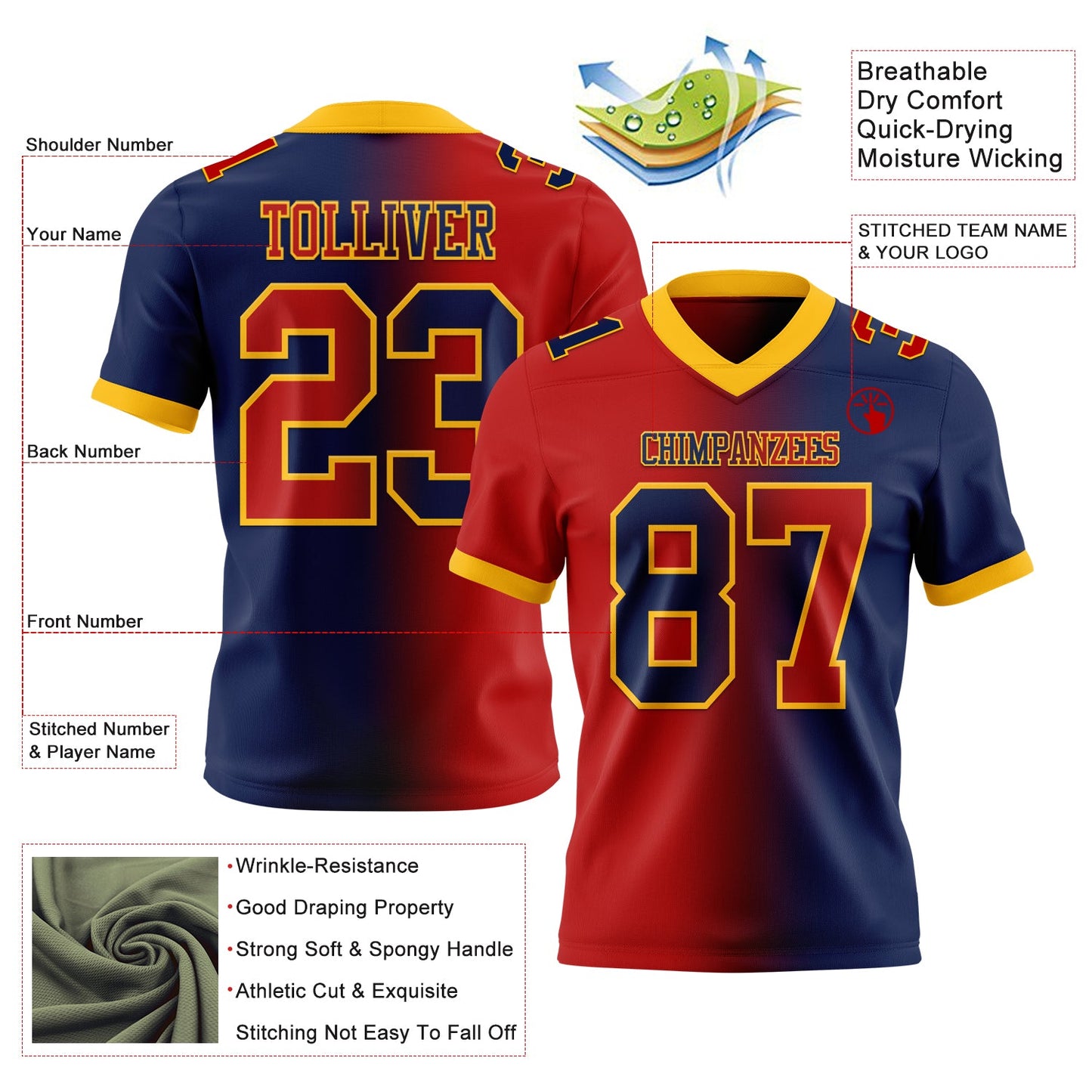 Custom Navy Red-Gold Authentic Gradient Fashion Football Jersey view 2
