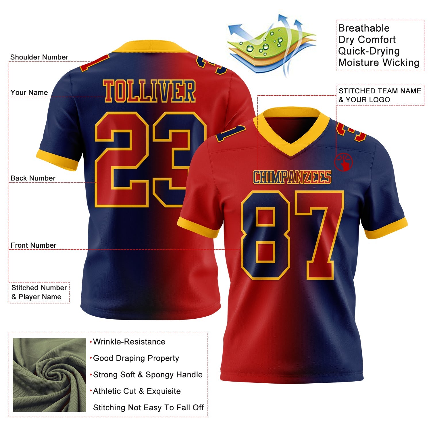 Custom Navy Red-Gold Authentic Gradient Fashion Football Jersey view 2