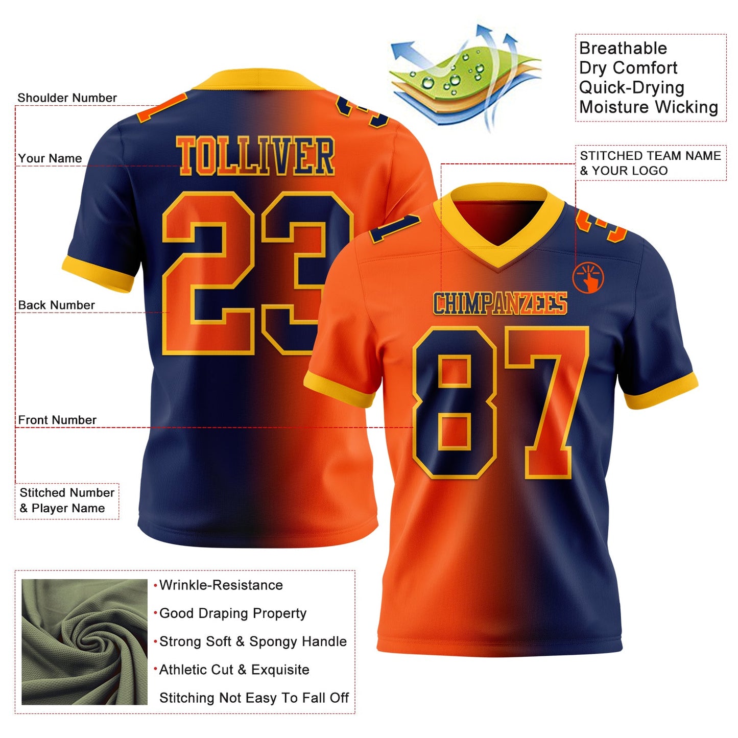 Custom Navy Orange-Gold Authentic Gradient Fashion Football Jersey view 2