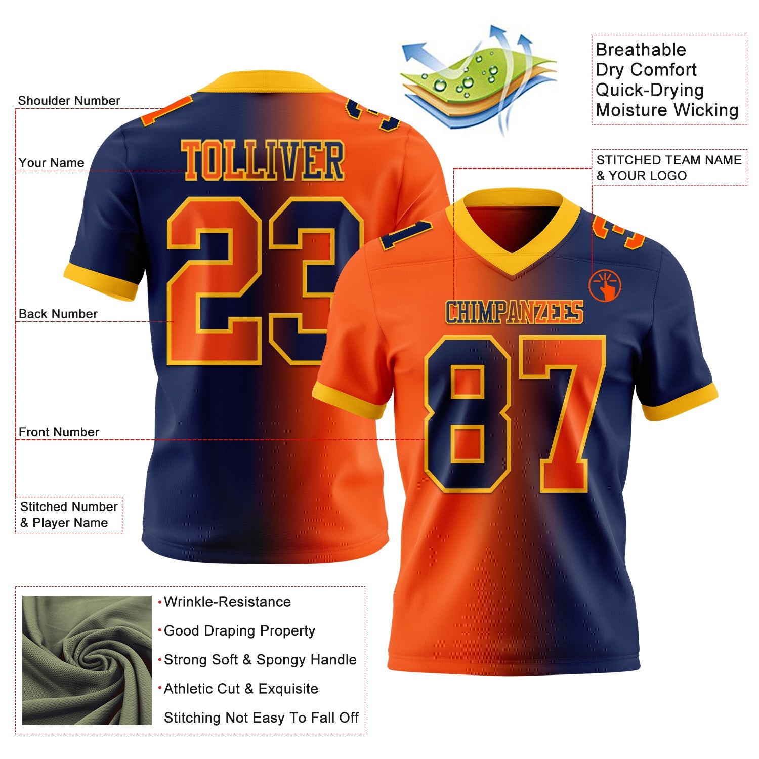 Custom Navy Orange-Gold Authentic Gradient Fashion Football Jersey view 2