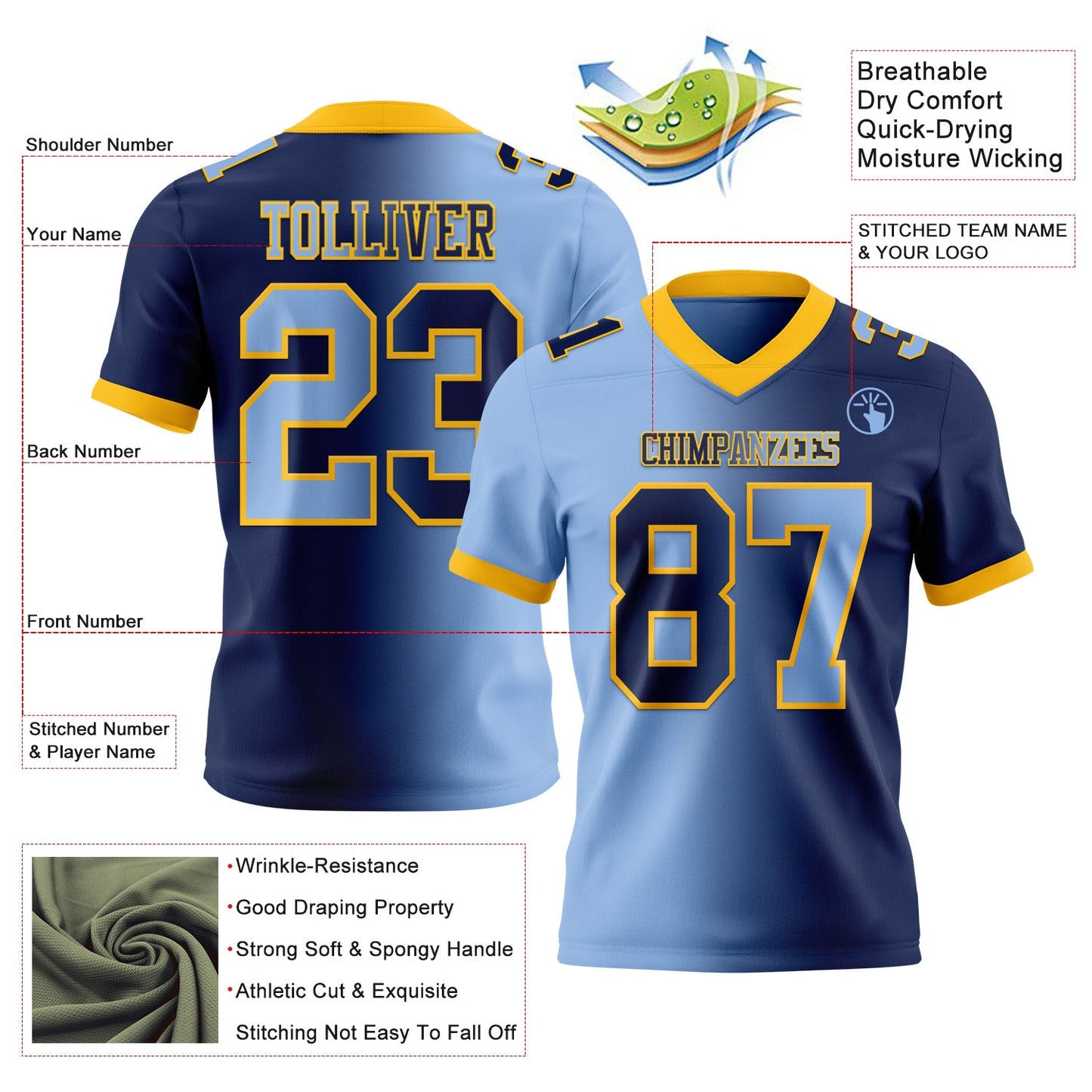 Custom Navy Light Blue-Gold Authentic Gradient Fashion Football Jersey view 2