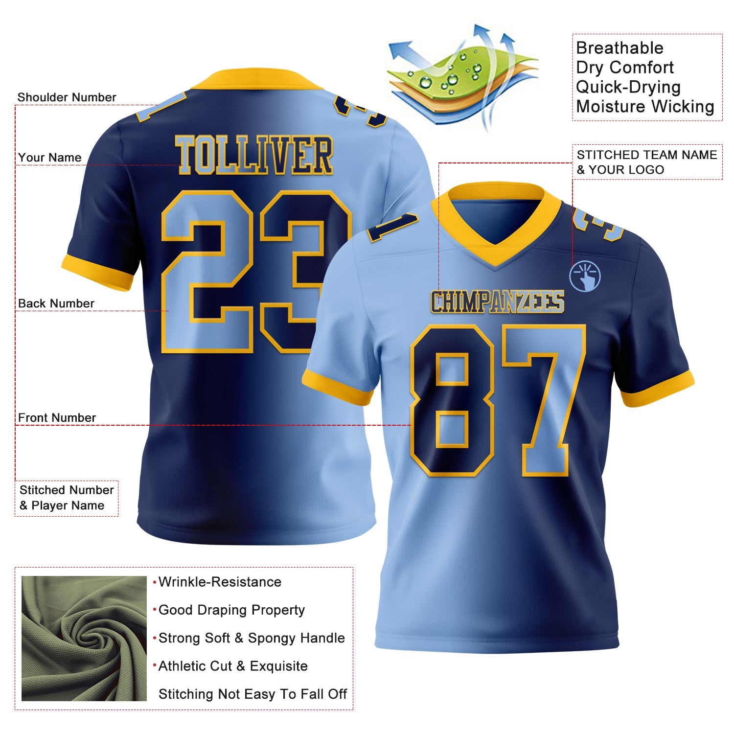 Custom Navy Light Blue-Gold Authentic Gradient Fashion Football Jersey view 2