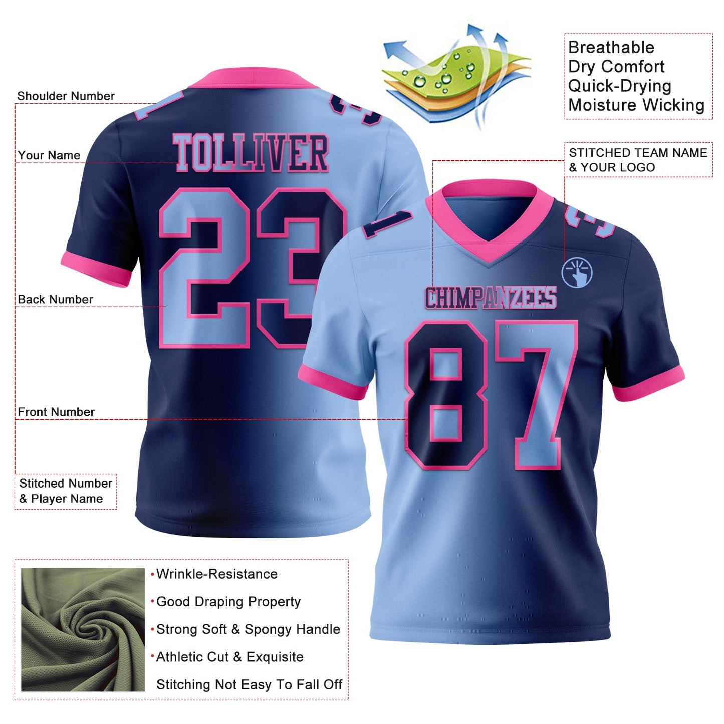 Custom Navy Light Blue-Pink Authentic Gradient Fashion Football Jersey view 2