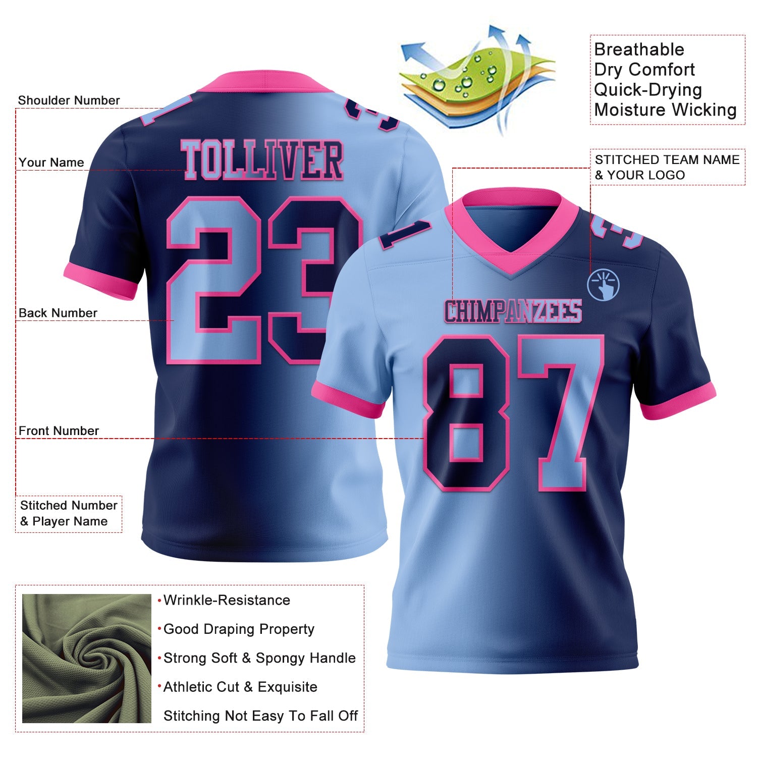 Custom Navy Light Blue-Pink Authentic Gradient Fashion Football Jersey view 2