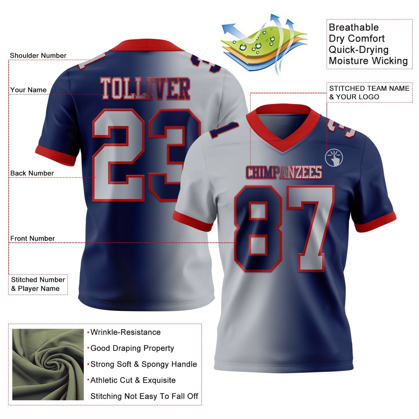 Custom Navy Gray-Red Authentic Gradient Fashion Football Jersey view 2