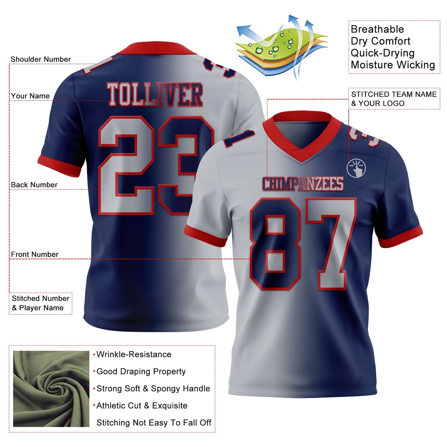 Custom Navy Gray-Red Authentic Gradient Fashion Football Jersey view 2