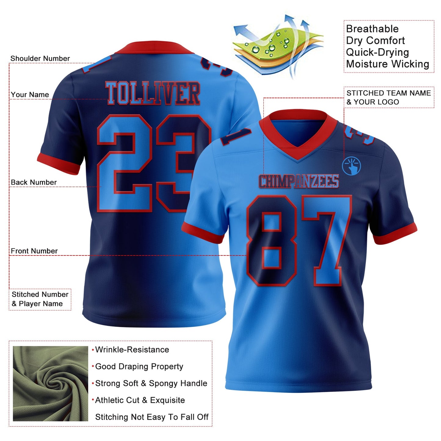 Custom Navy Powder Blue-Red Authentic Gradient Fashion Football Jersey view 2