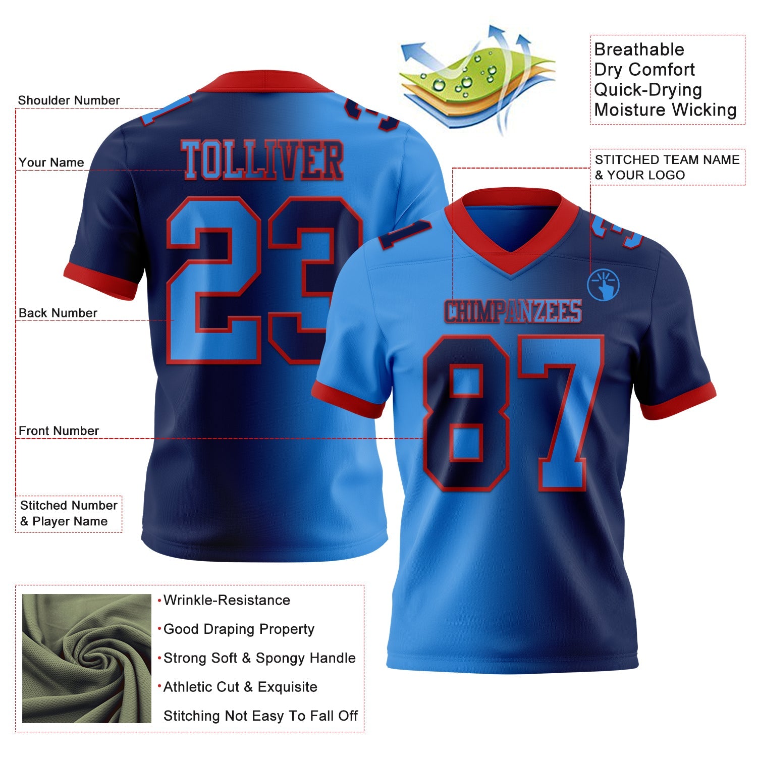 Custom Navy Powder Blue-Red Authentic Gradient Fashion Football Jersey view 2
