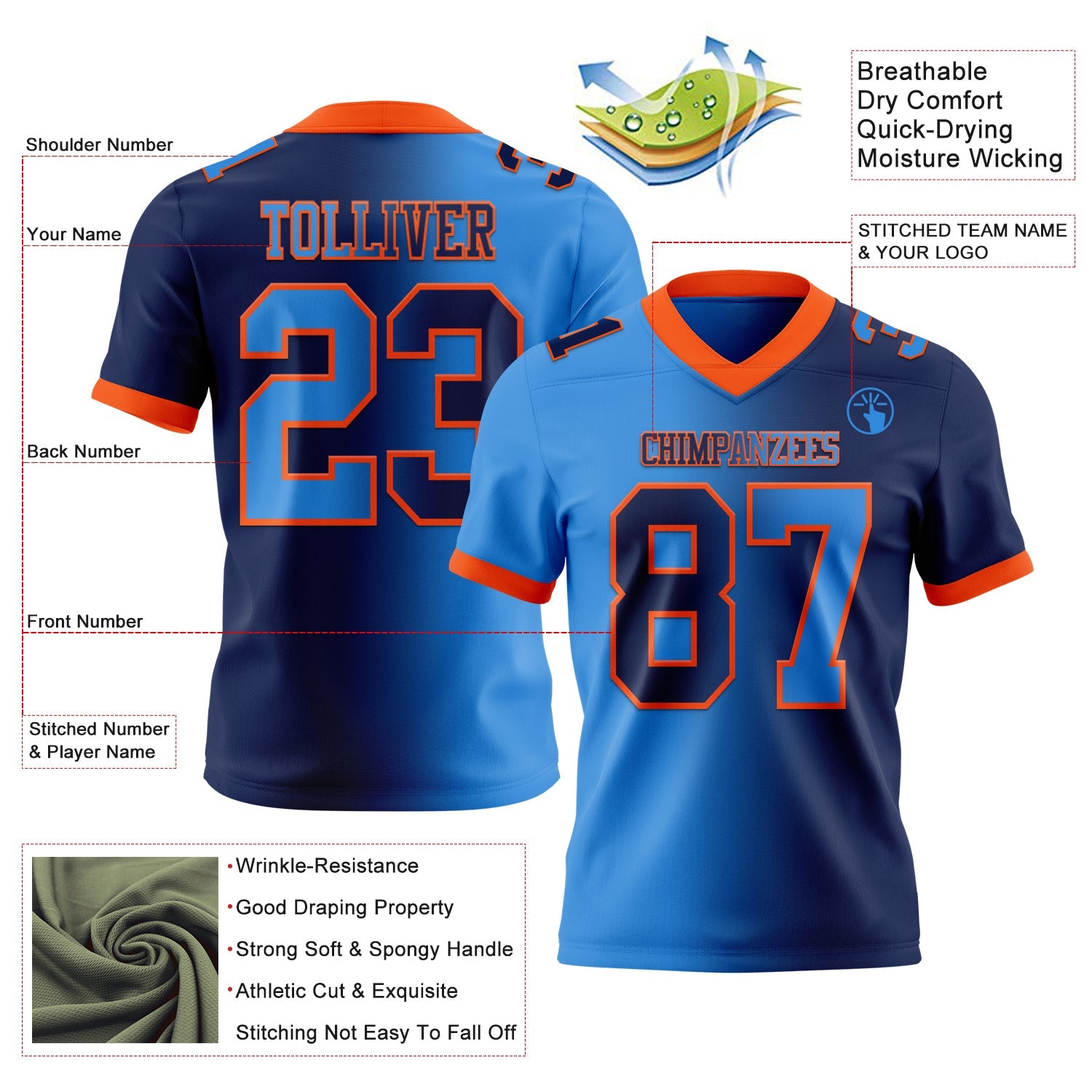 Custom Navy Powder Blue-Orange Authentic Gradient Fashion Football Jersey view 2