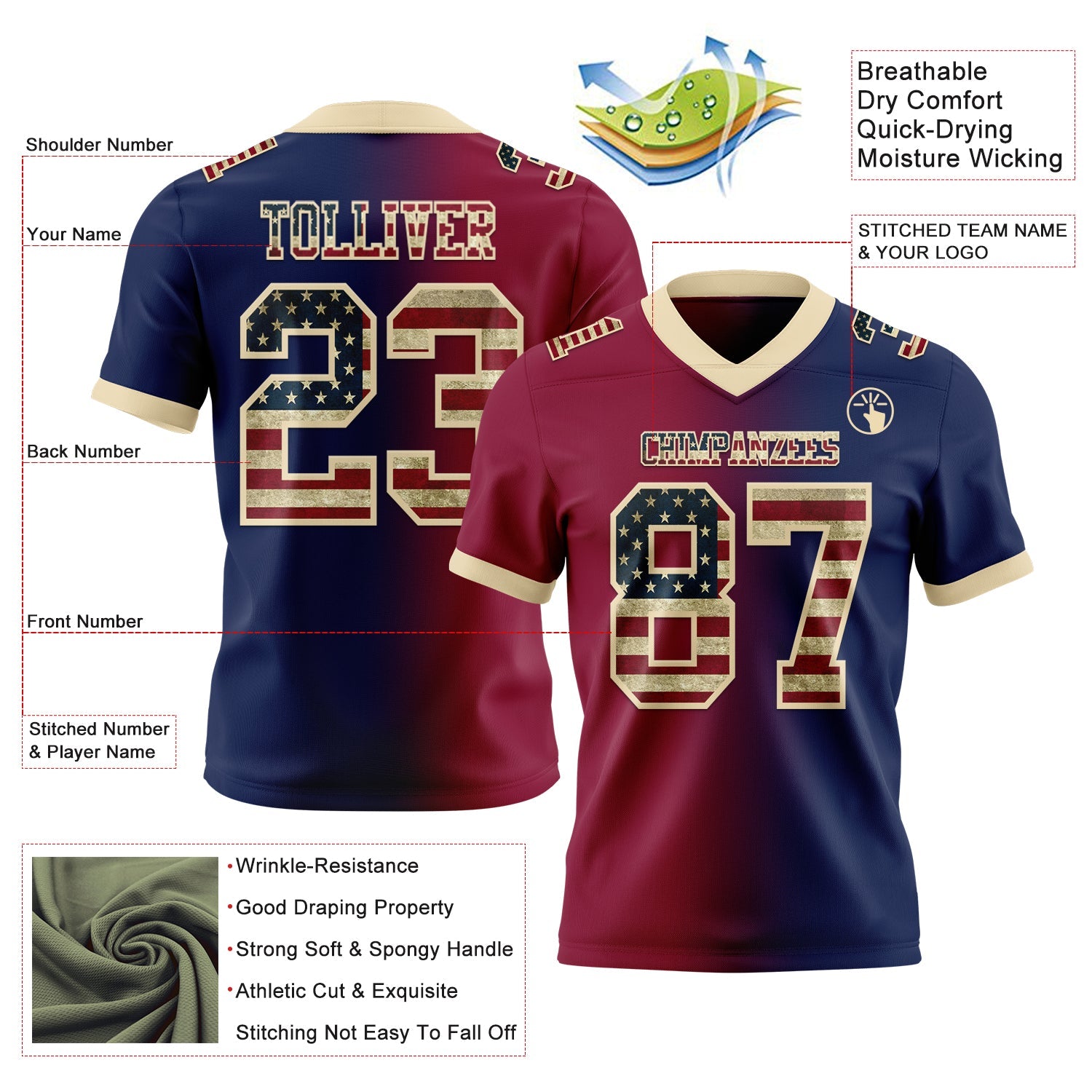 Custom Navy Vintage USA Flag Maroon-Cream Authentic Gradient Fashion Football Jersey view 2