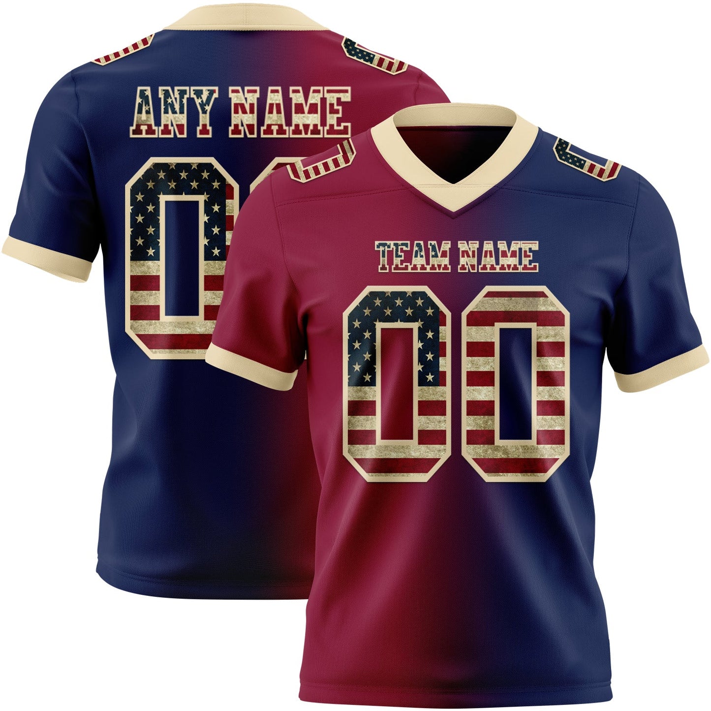 Custom Navy Vintage USA Flag Maroon-Cream Authentic Gradient Fashion Football Jersey - Main View