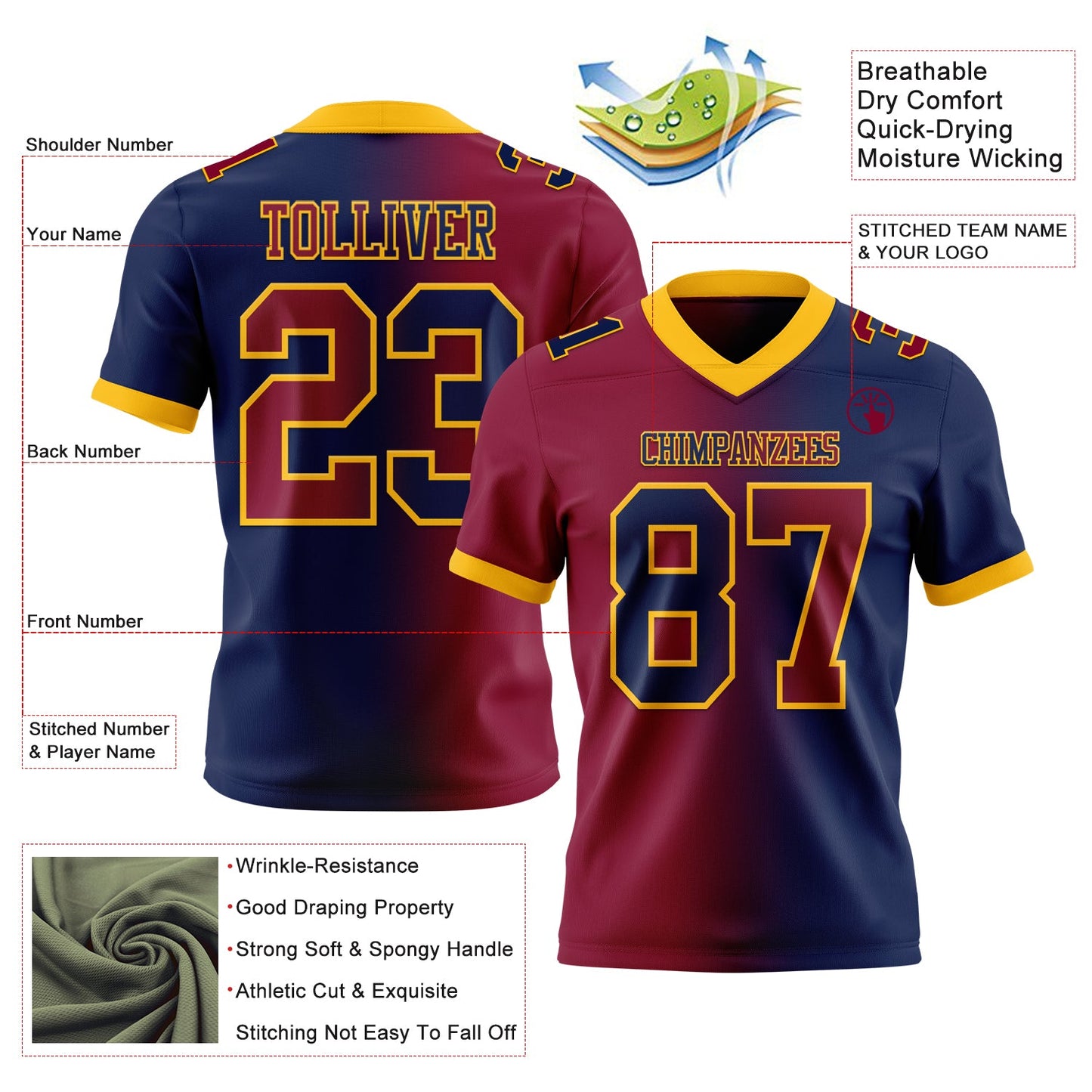 Custom Navy Maroon-Gold Authentic Gradient Fashion Football Jersey view 2