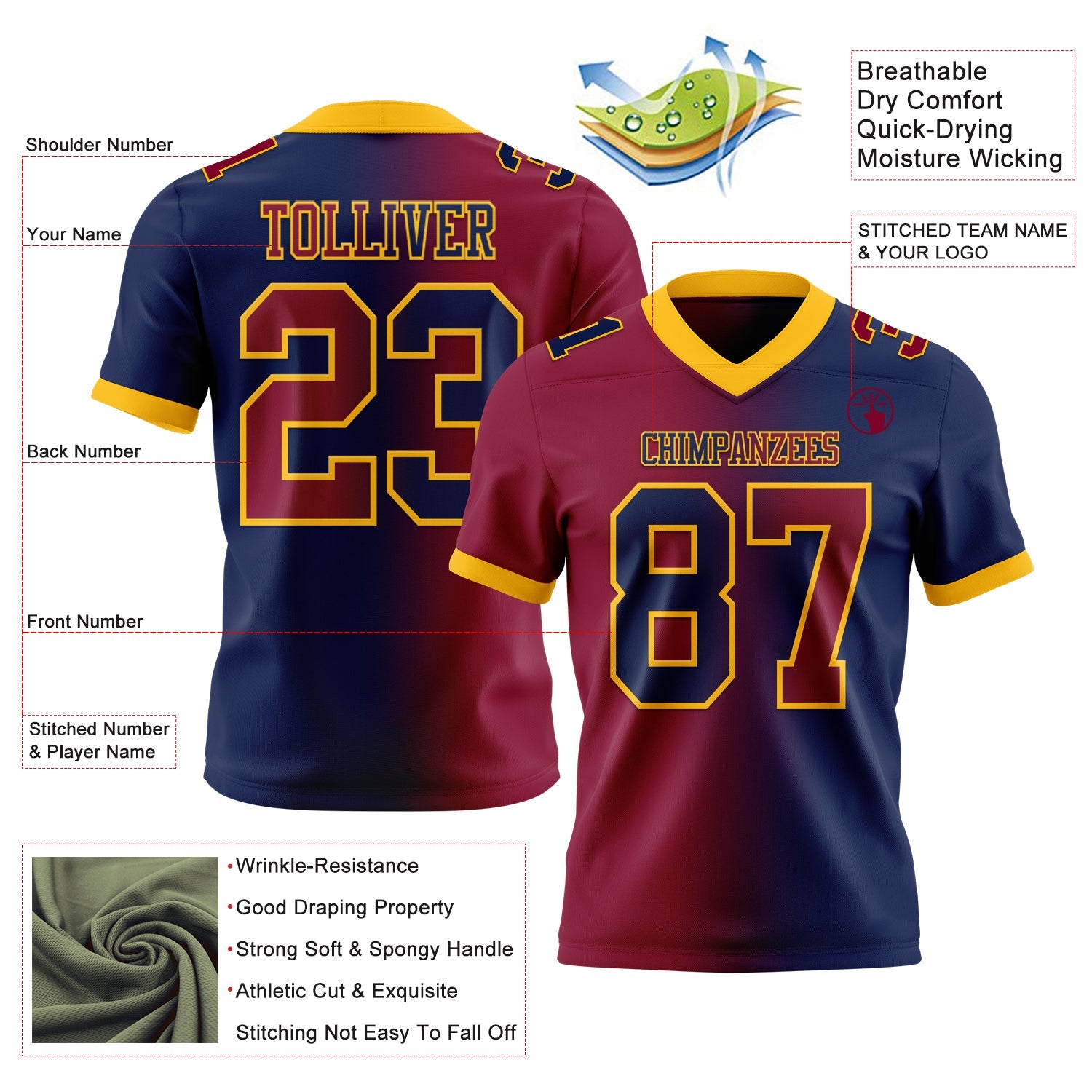 Custom Navy Maroon-Gold Authentic Gradient Fashion Football Jersey view 2