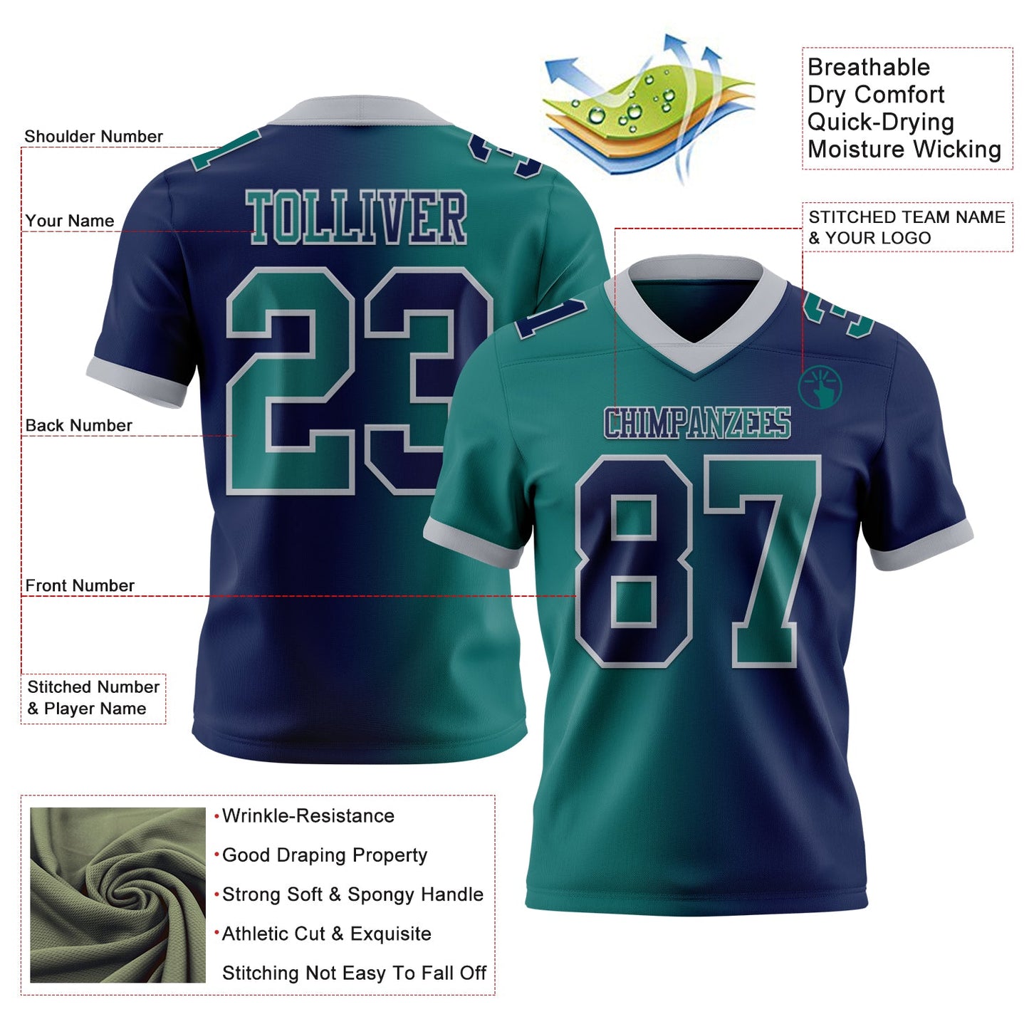 Custom Navy Teal-Gray Authentic Gradient Fashion Football Jersey view 2