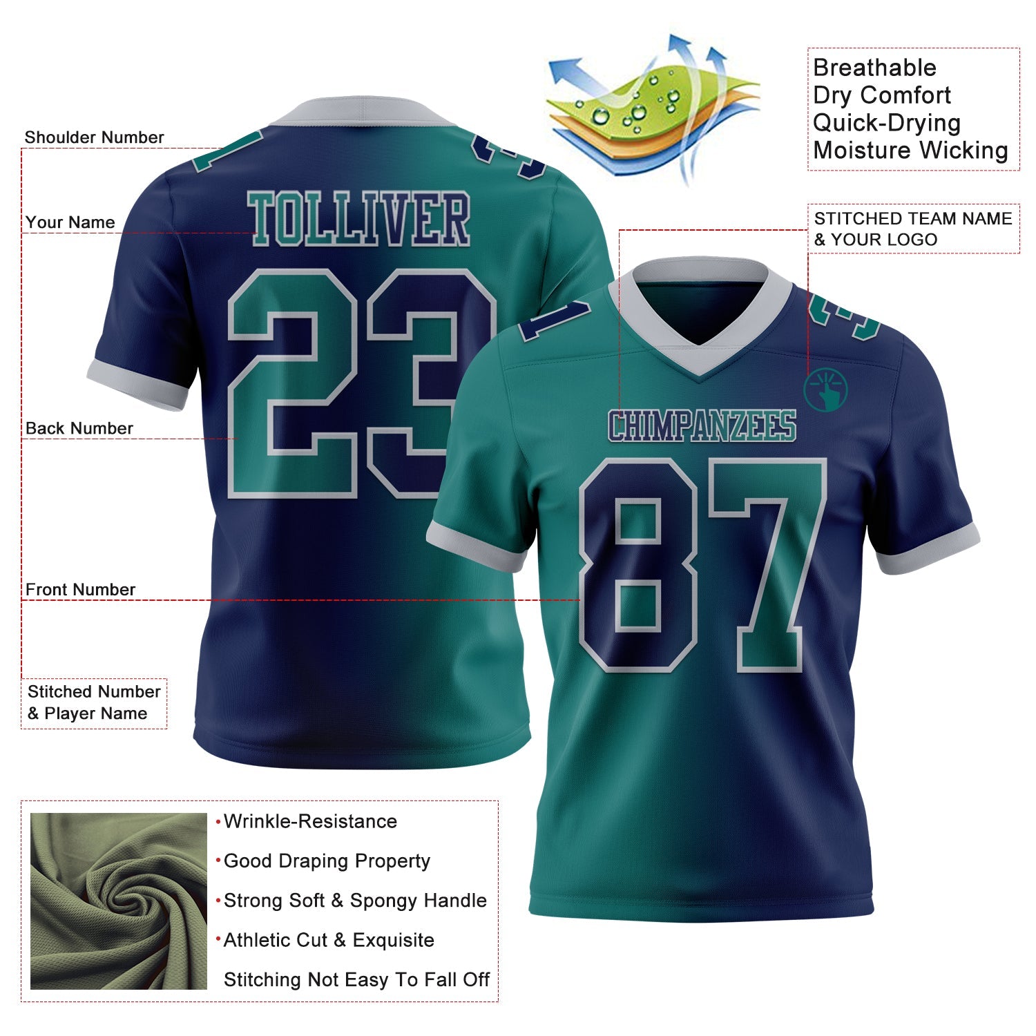 Custom Navy Teal-Gray Authentic Gradient Fashion Football Jersey view 2