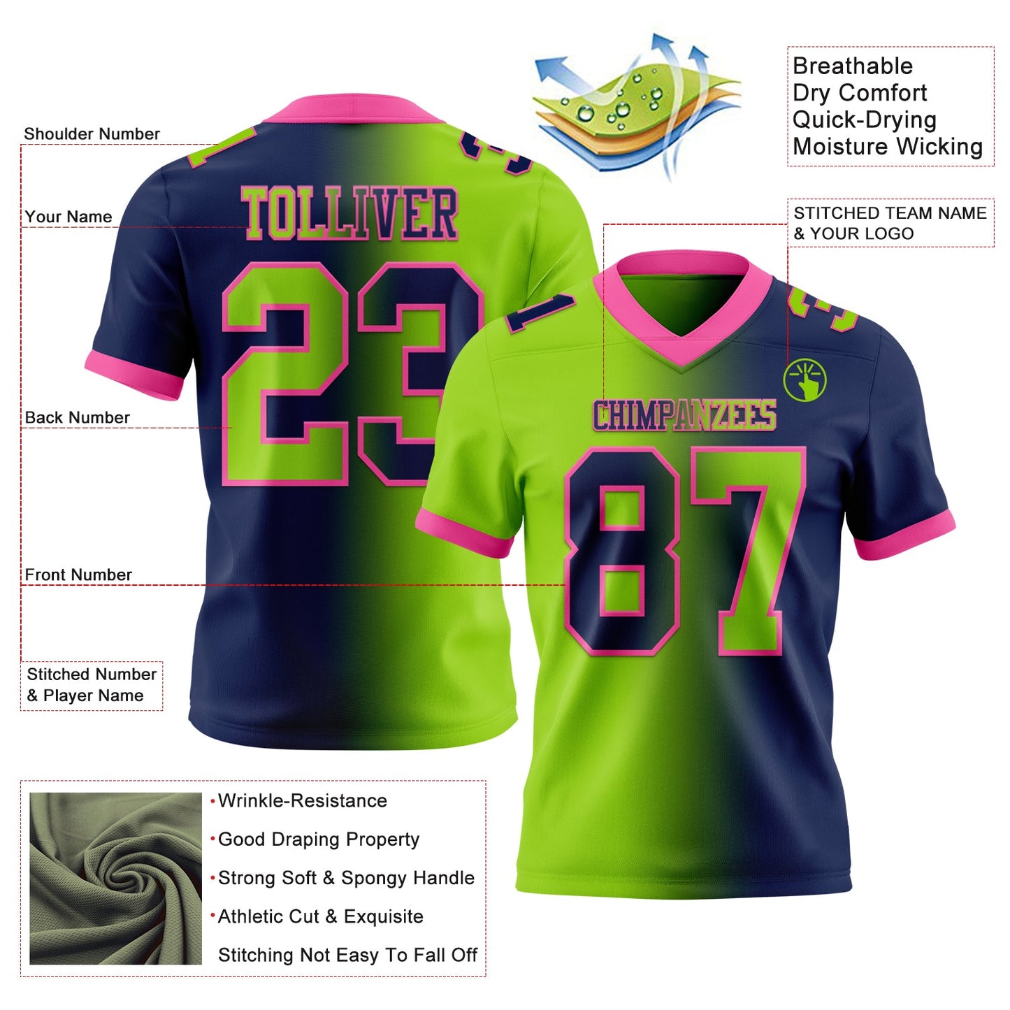 Custom Navy Neon Green-Pink Authentic Gradient Fashion Football Jersey view 2