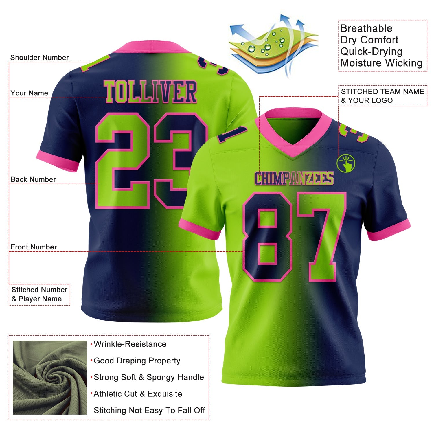 Custom Navy Neon Green-Pink Authentic Gradient Fashion Football Jersey view 2
