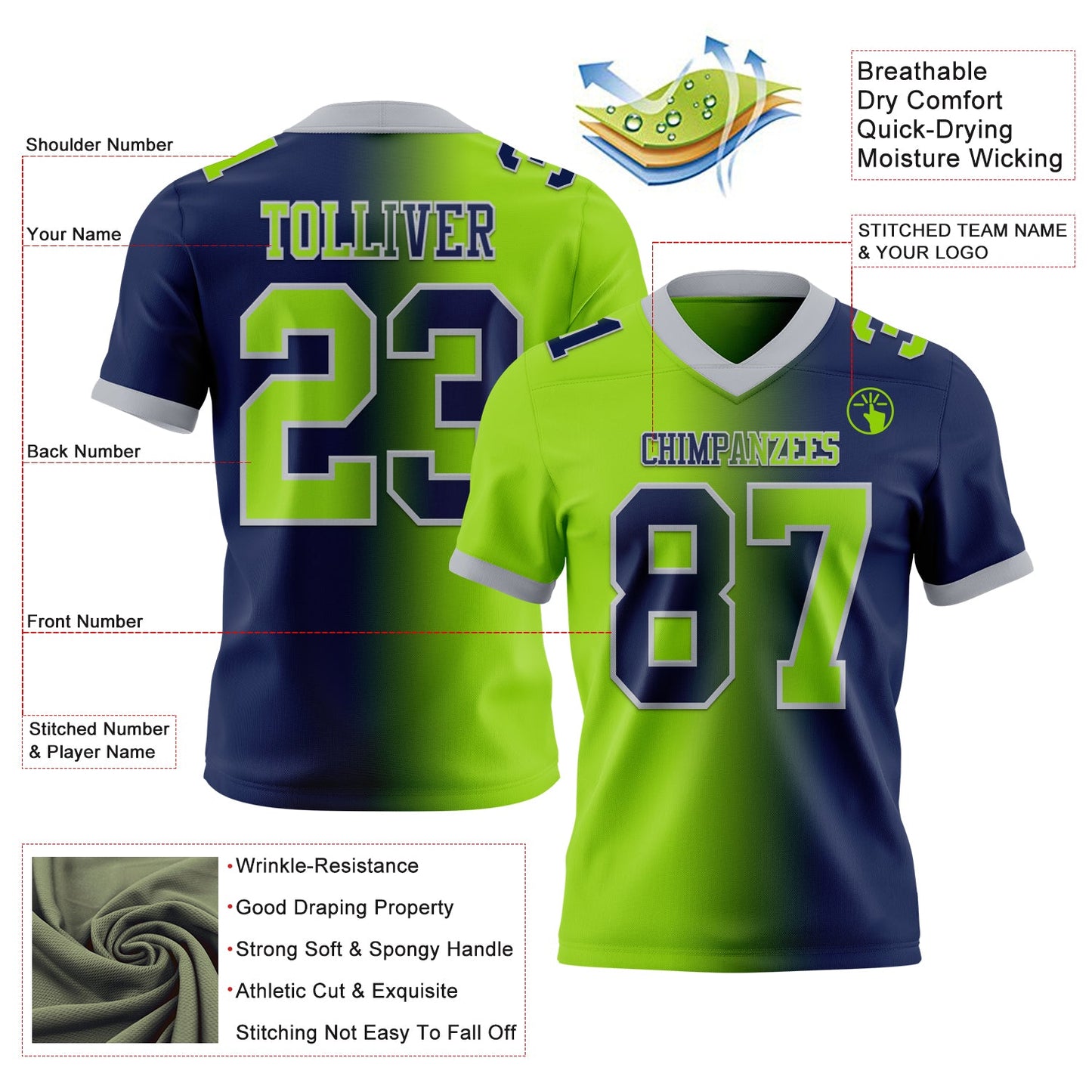 Custom Navy Neon Green-Gray Authentic Gradient Fashion Football Jersey view 2