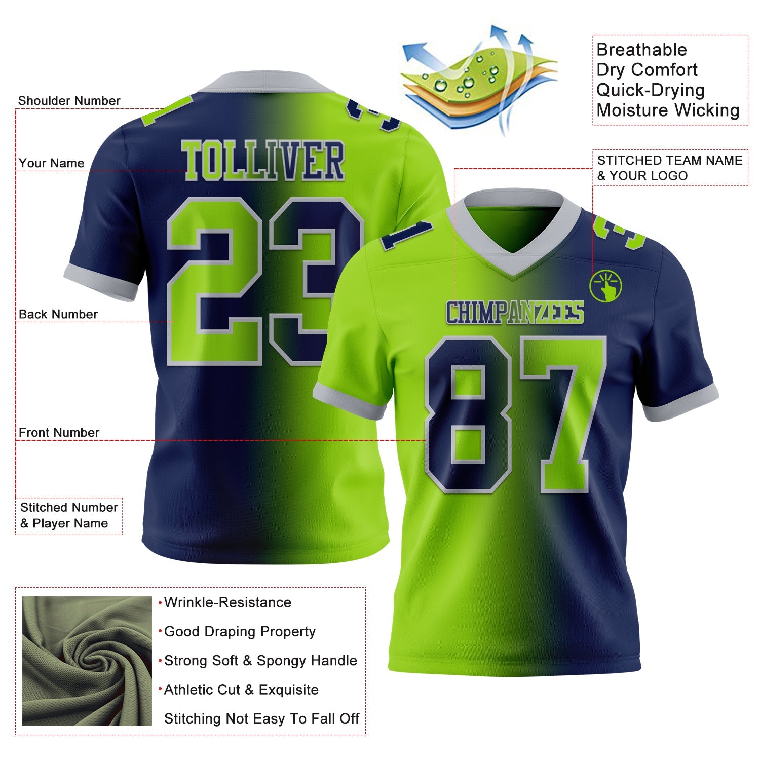 Custom Navy Neon Green-Gray Authentic Gradient Fashion Football Jersey view 2