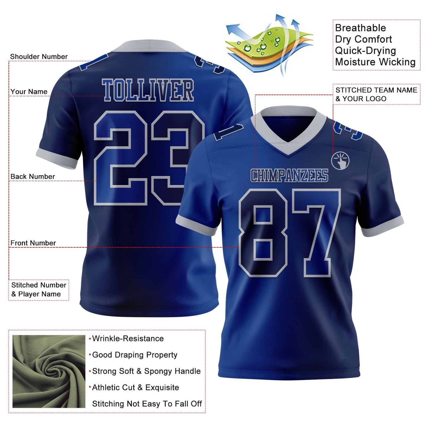 Custom Navy Royal-Gray Authentic Gradient Fashion Football Jersey view 2
