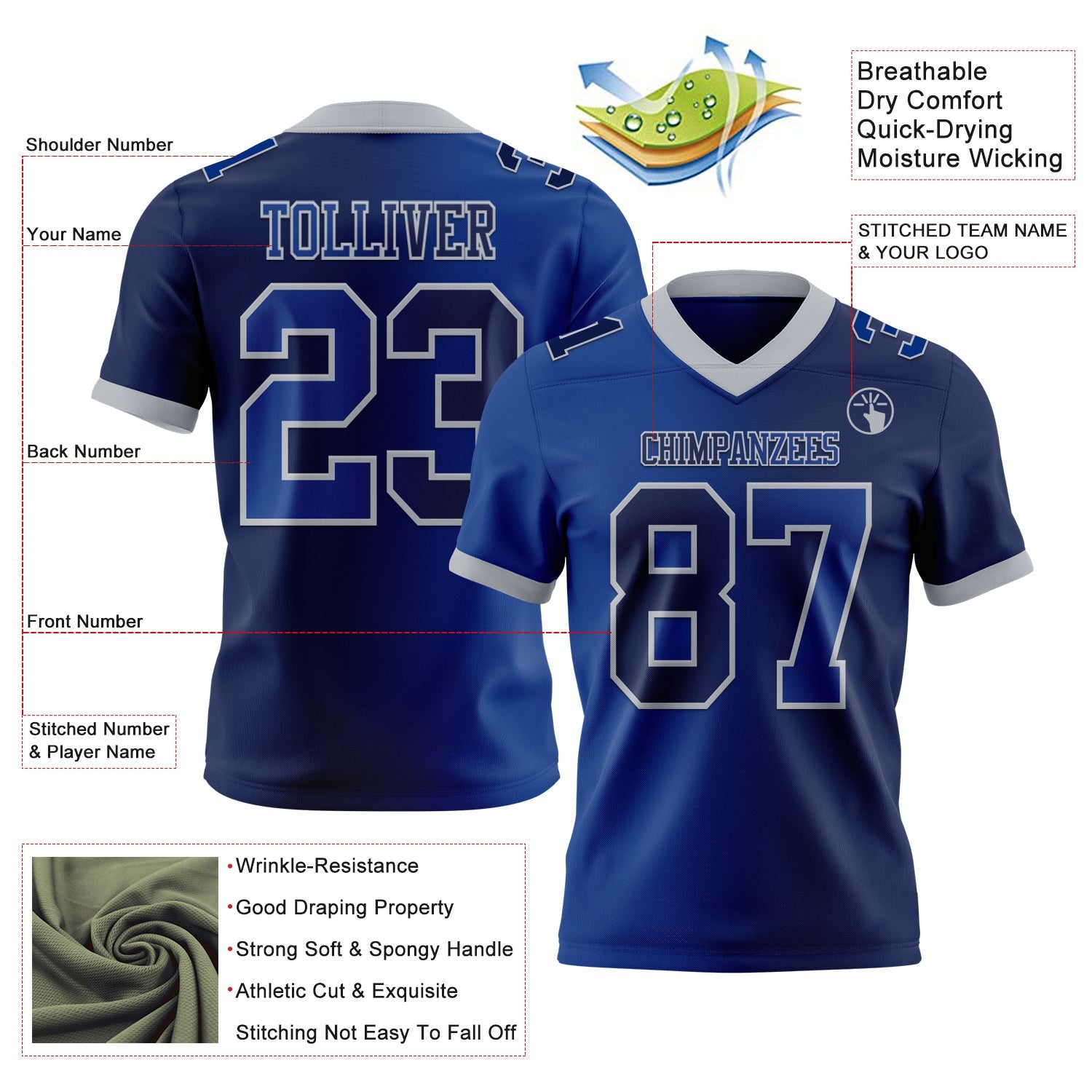 Custom Navy Royal-Gray Authentic Gradient Fashion Football Jersey view 2
