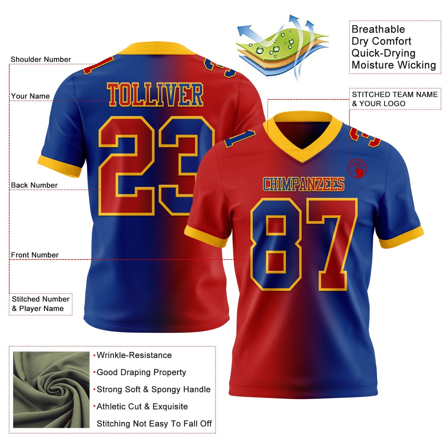 Custom Royal Red-Gold Authentic Gradient Fashion Football Jersey view 2
