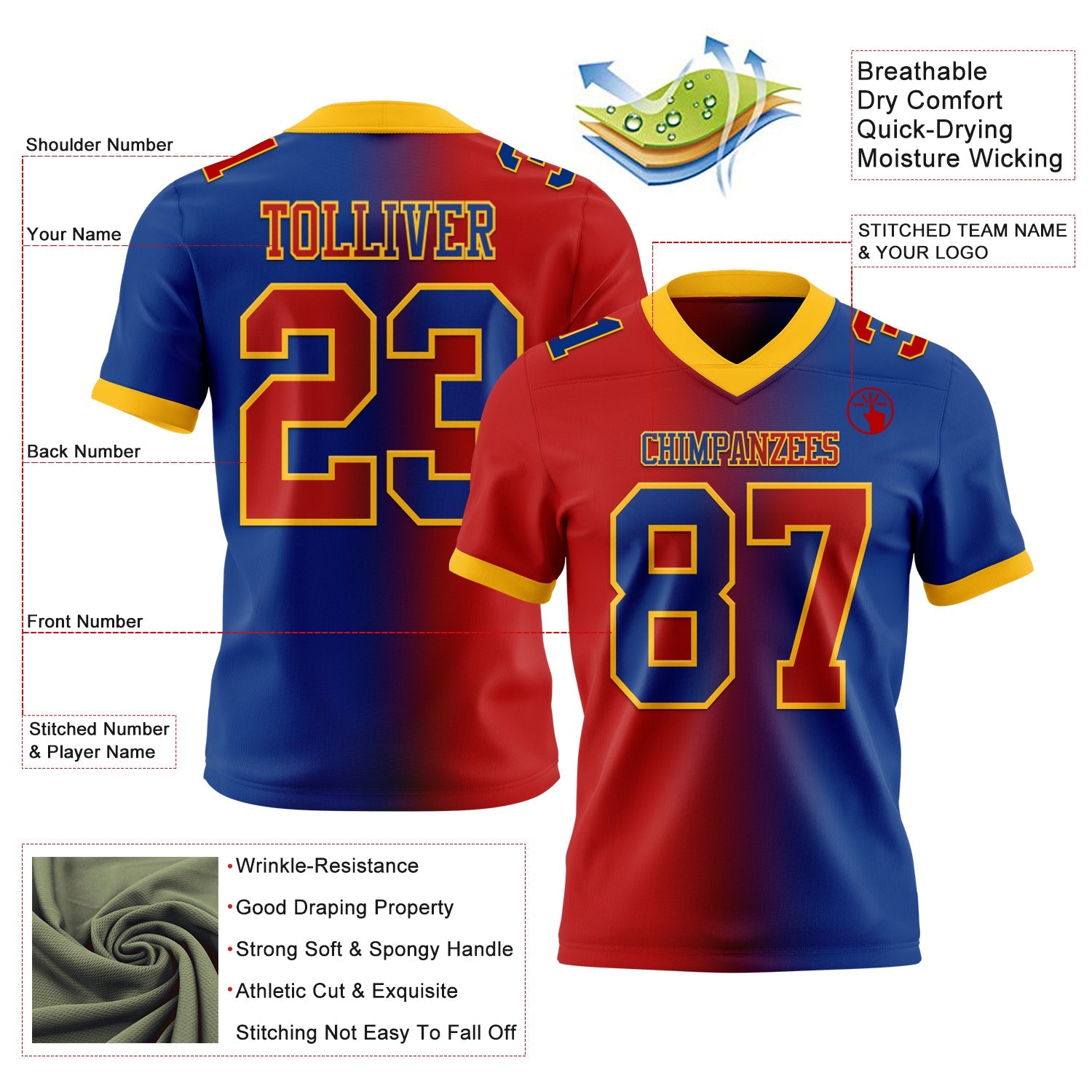 Custom Royal Red-Gold Authentic Gradient Fashion Football Jersey view 2