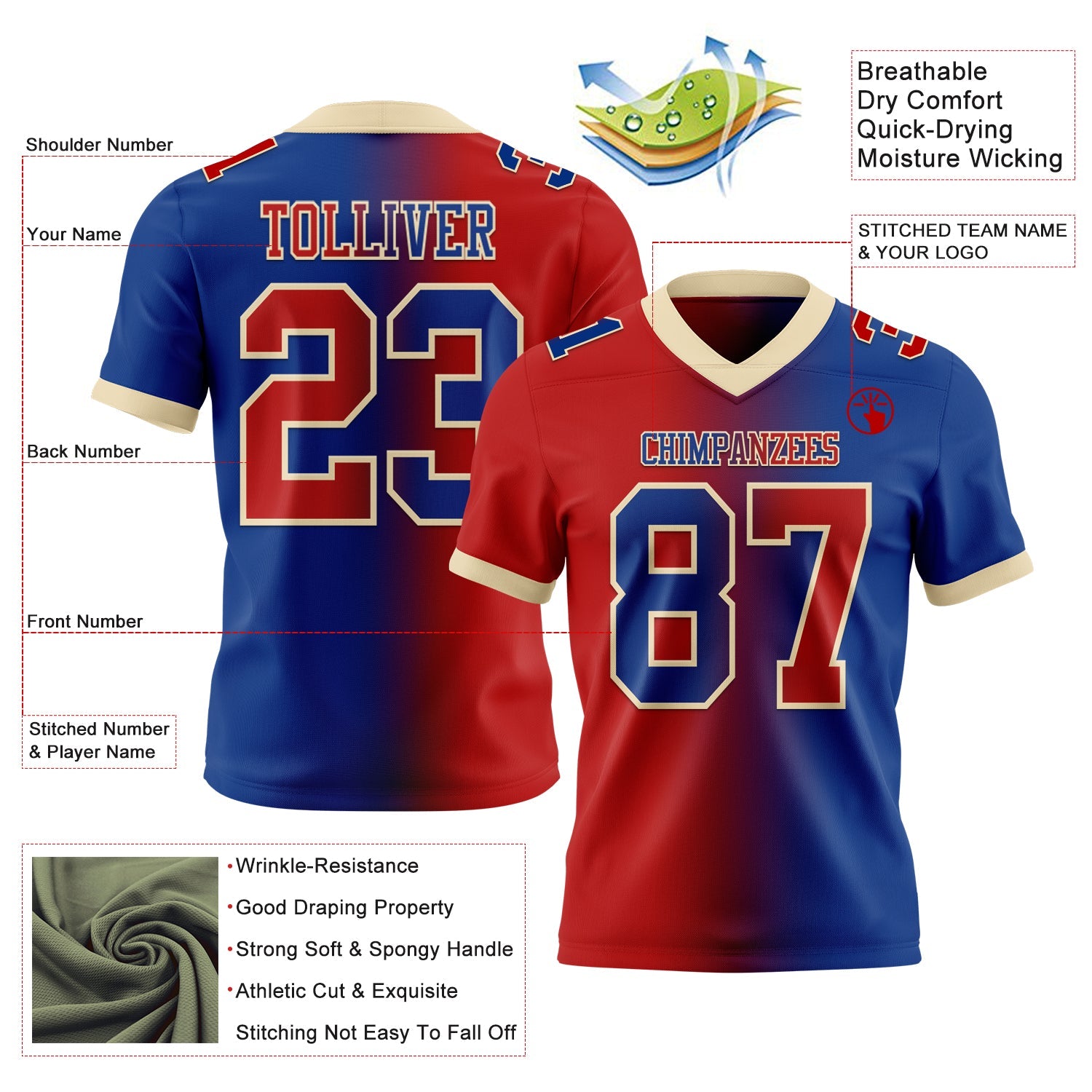 Custom Royal Red-Cream Authentic Gradient Fashion Football Jersey view 2