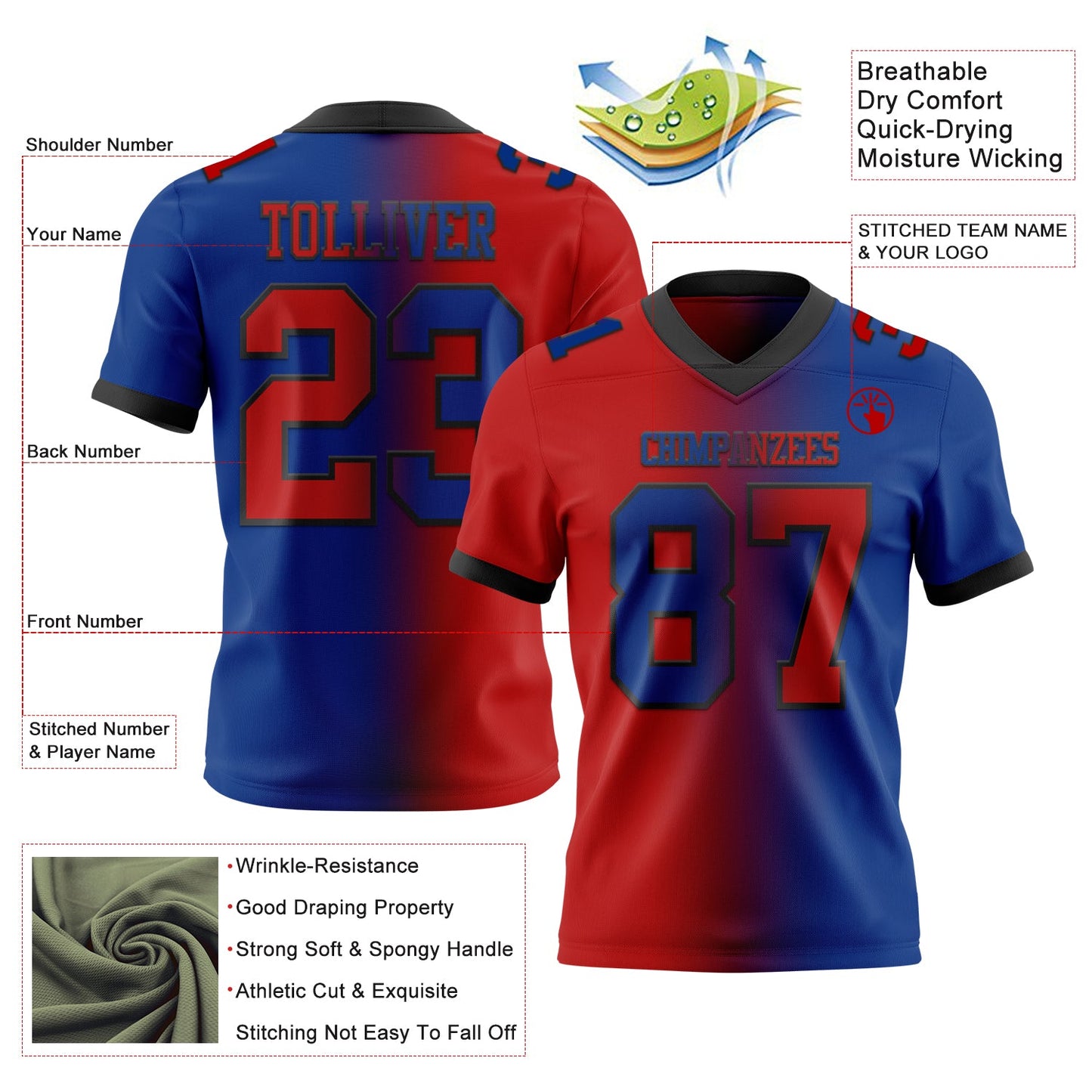 Custom Royal Red-Black Authentic Gradient Fashion Football Jersey view 2
