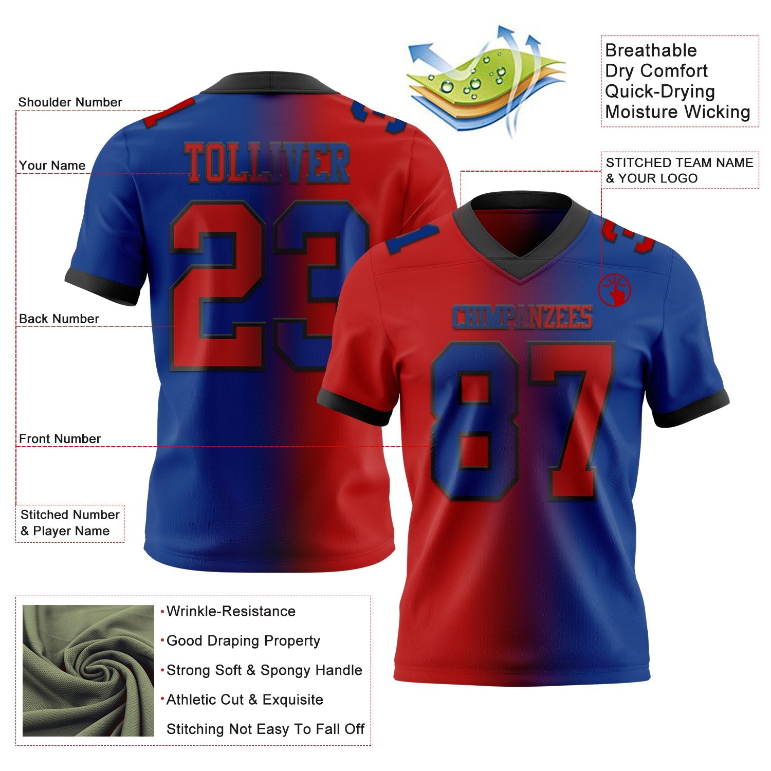 Custom Royal Red-Black Authentic Gradient Fashion Football Jersey view 2