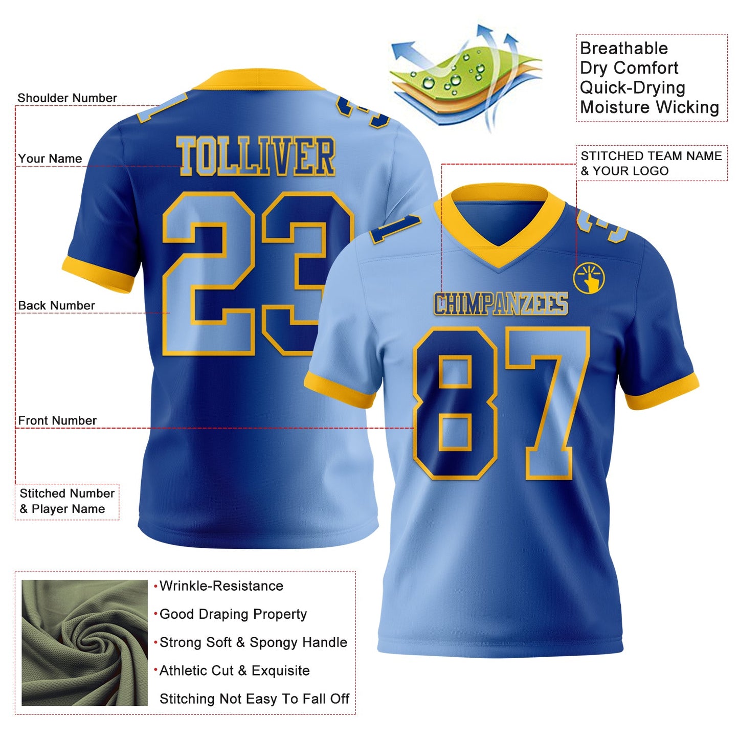 Custom Royal Light Blue-Gold Authentic Gradient Fashion Football Jersey view 2