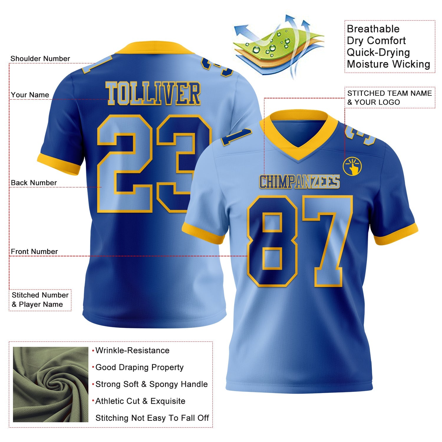 Custom Royal Light Blue-Gold Authentic Gradient Fashion Football Jersey view 2