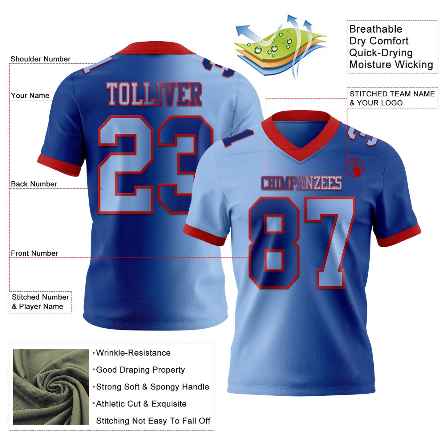 Custom Royal Light Blue-Red Authentic Gradient Fashion Football Jersey view 2