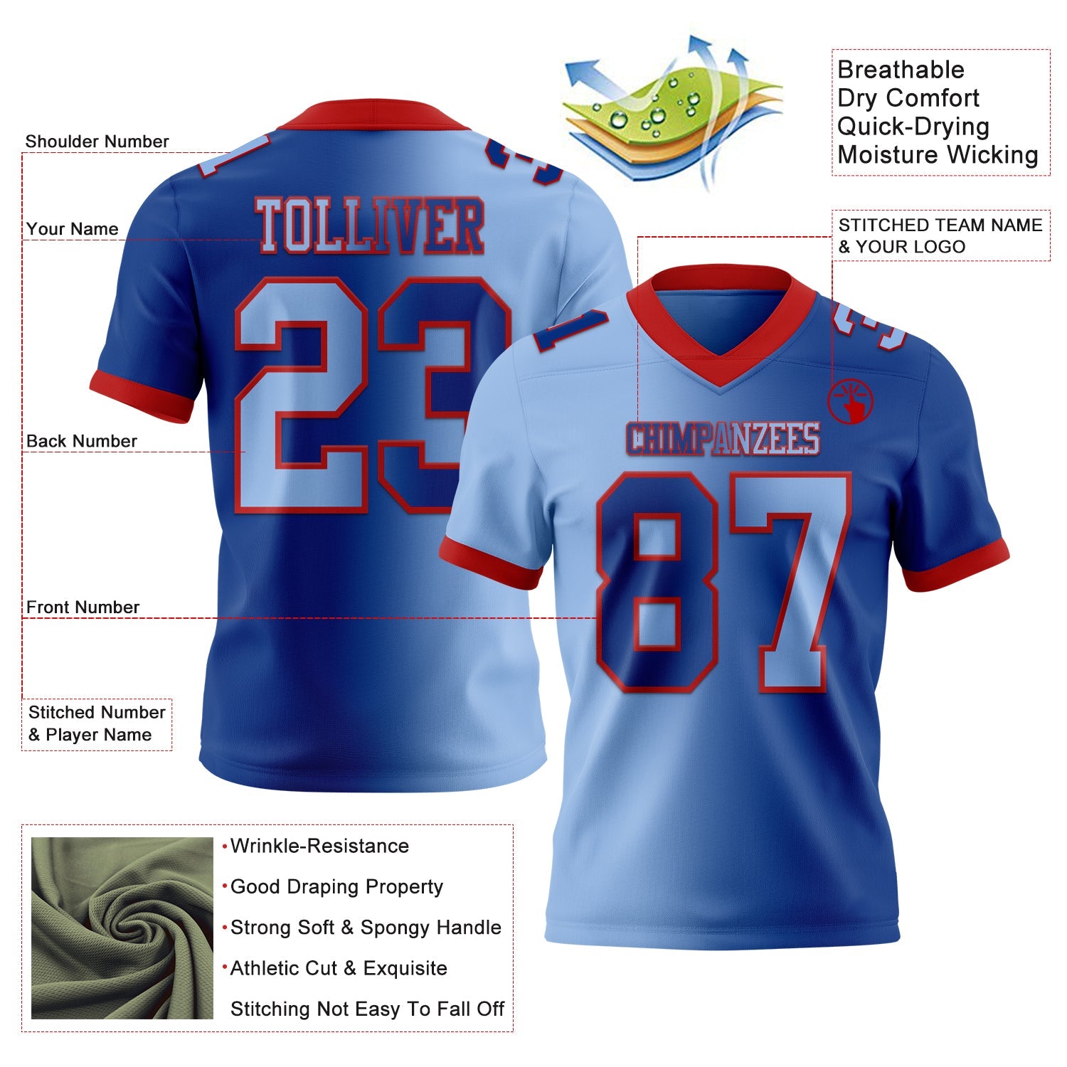 Custom Royal Light Blue-Red Authentic Gradient Fashion Football Jersey view 2