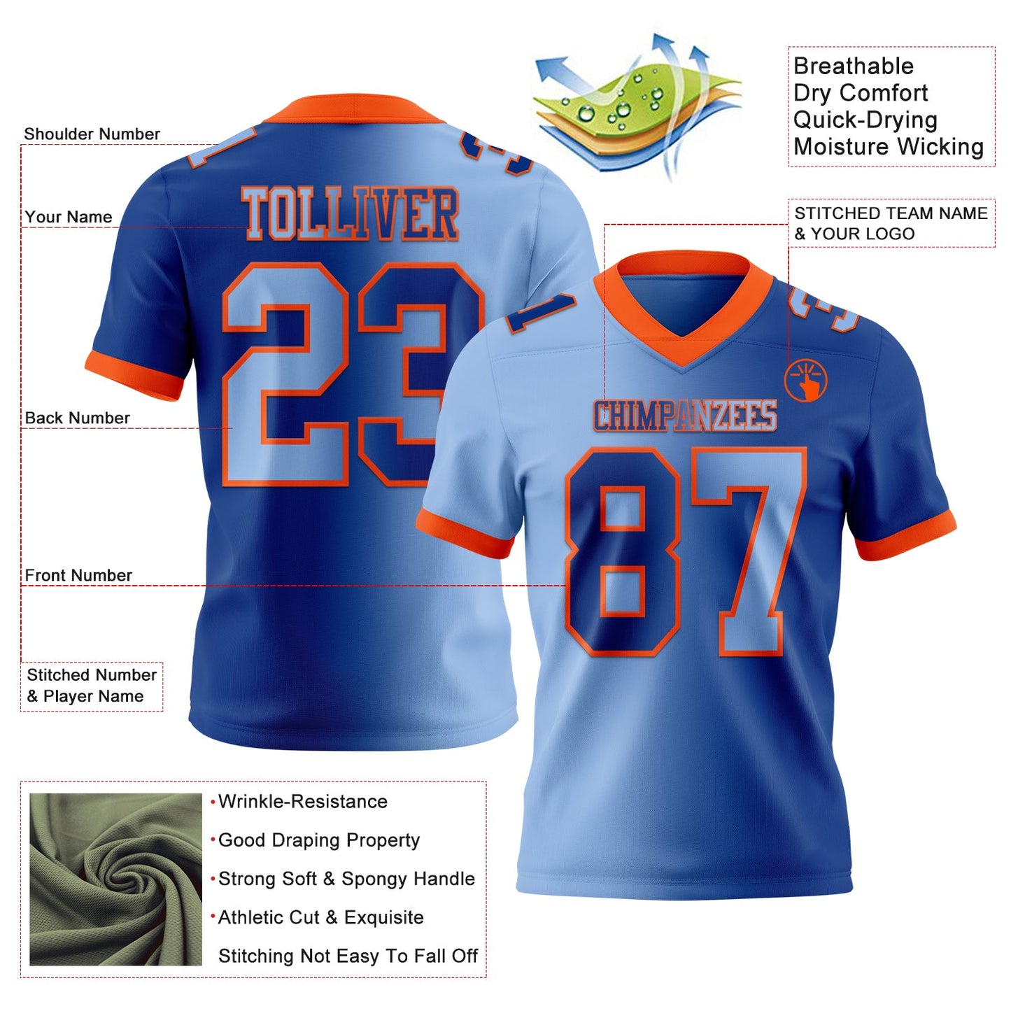 Custom Royal Light Blue-Orange Authentic Gradient Fashion Football Jersey view 2