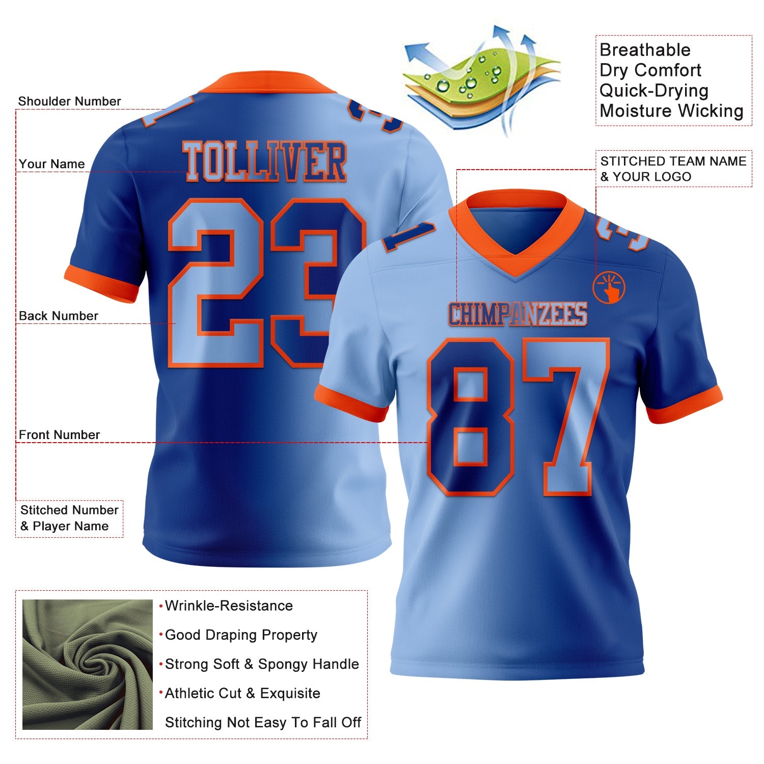 Custom Royal Light Blue-Orange Authentic Gradient Fashion Football Jersey view 2