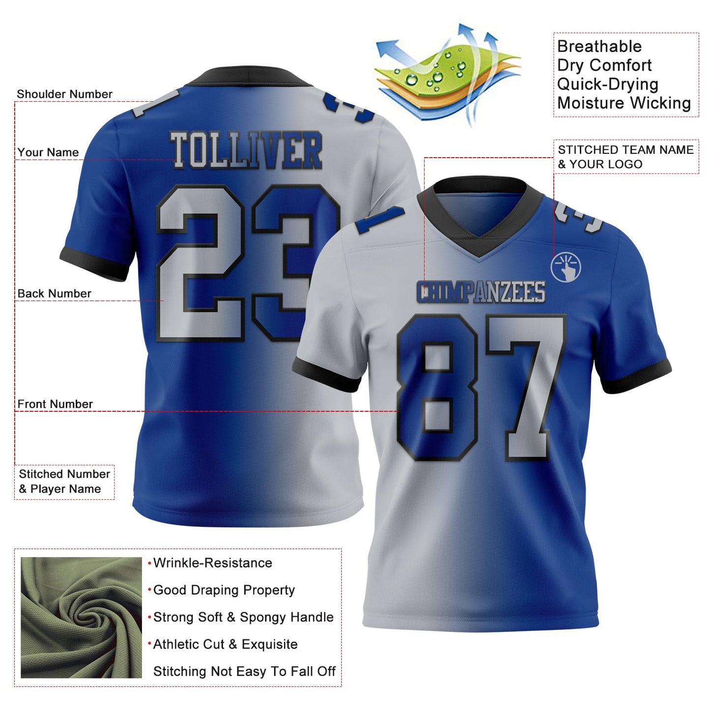 Custom Royal Gray-Black Authentic Gradient Fashion Football Jersey view 2