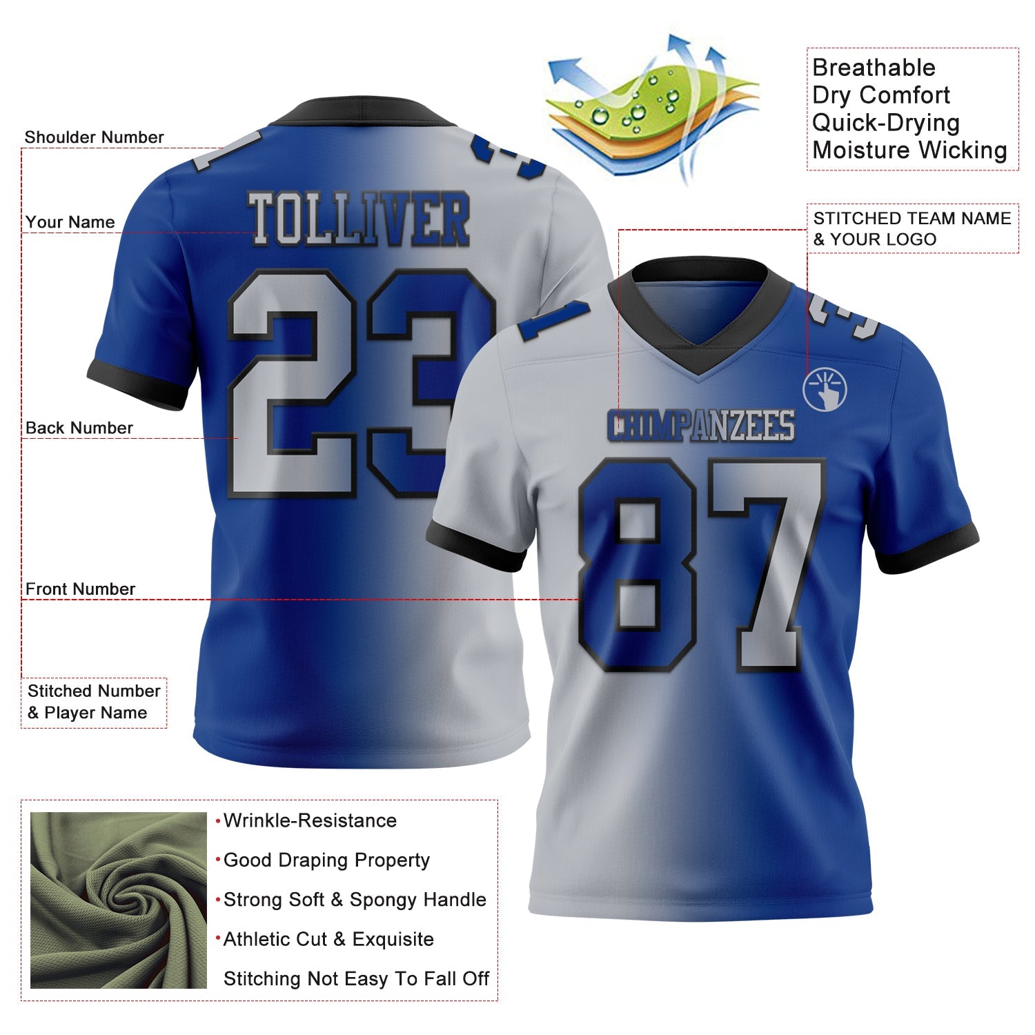 Custom Royal Gray-Black Authentic Gradient Fashion Football Jersey view 2