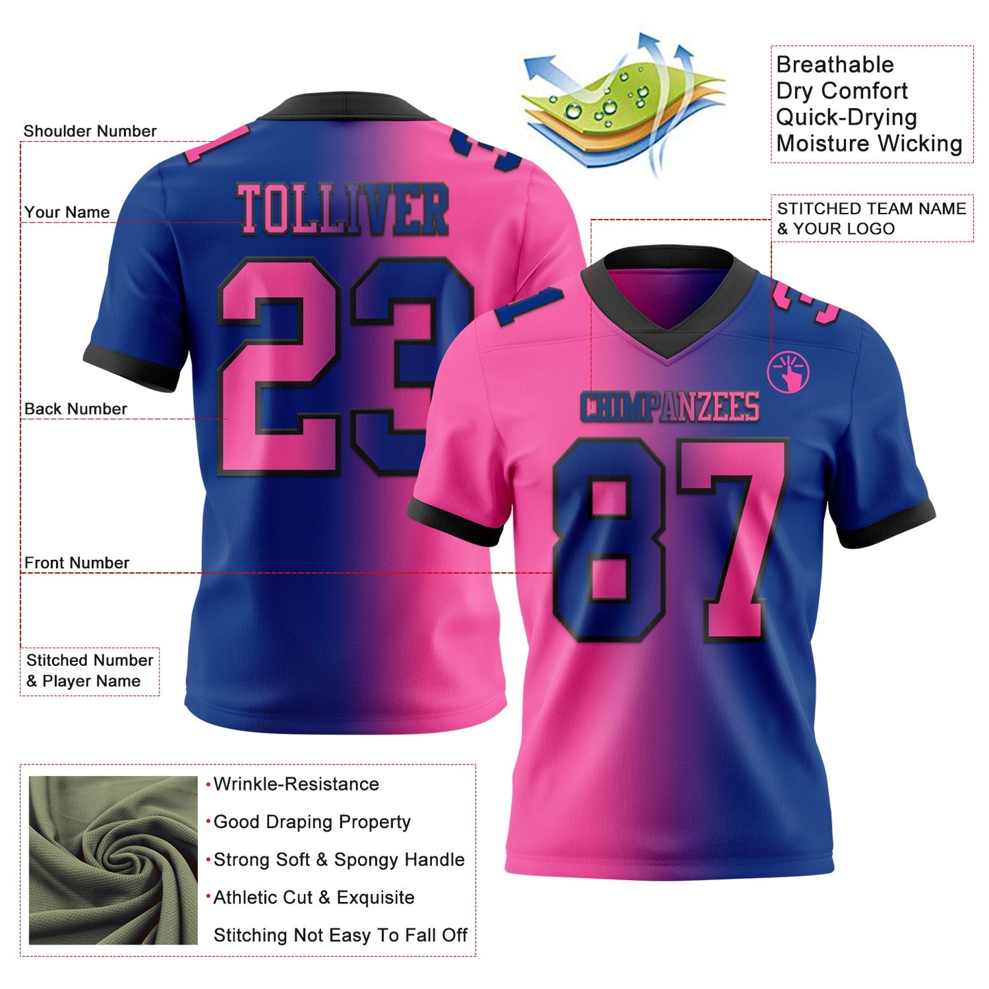 Custom Royal Pink-Black Authentic Gradient Fashion Football Jersey view 2