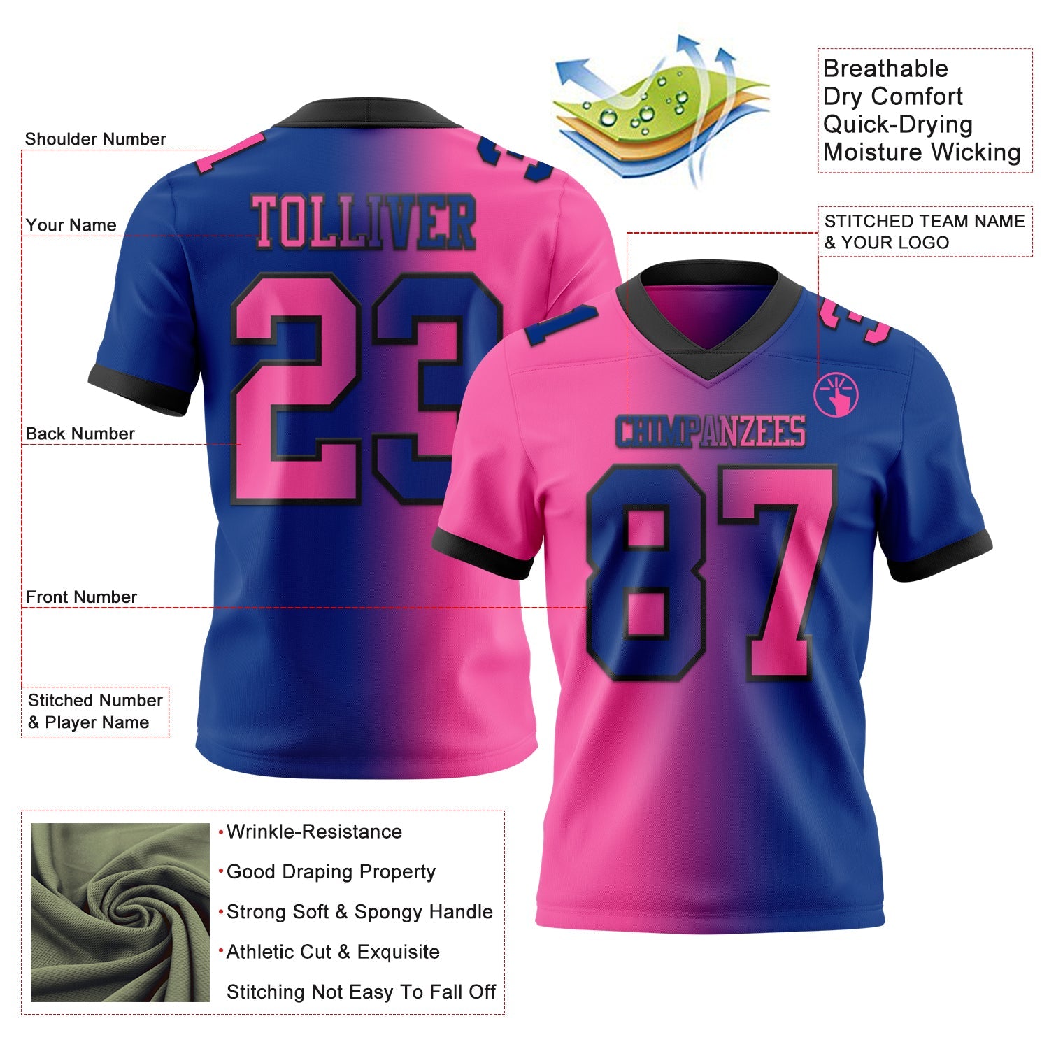 Custom Royal Pink-Black Authentic Gradient Fashion Football Jersey view 2
