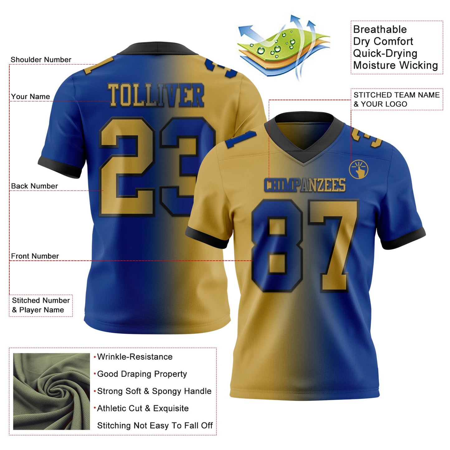Custom Royal Old Gold-Black Authentic Gradient Fashion Football Jersey view 2