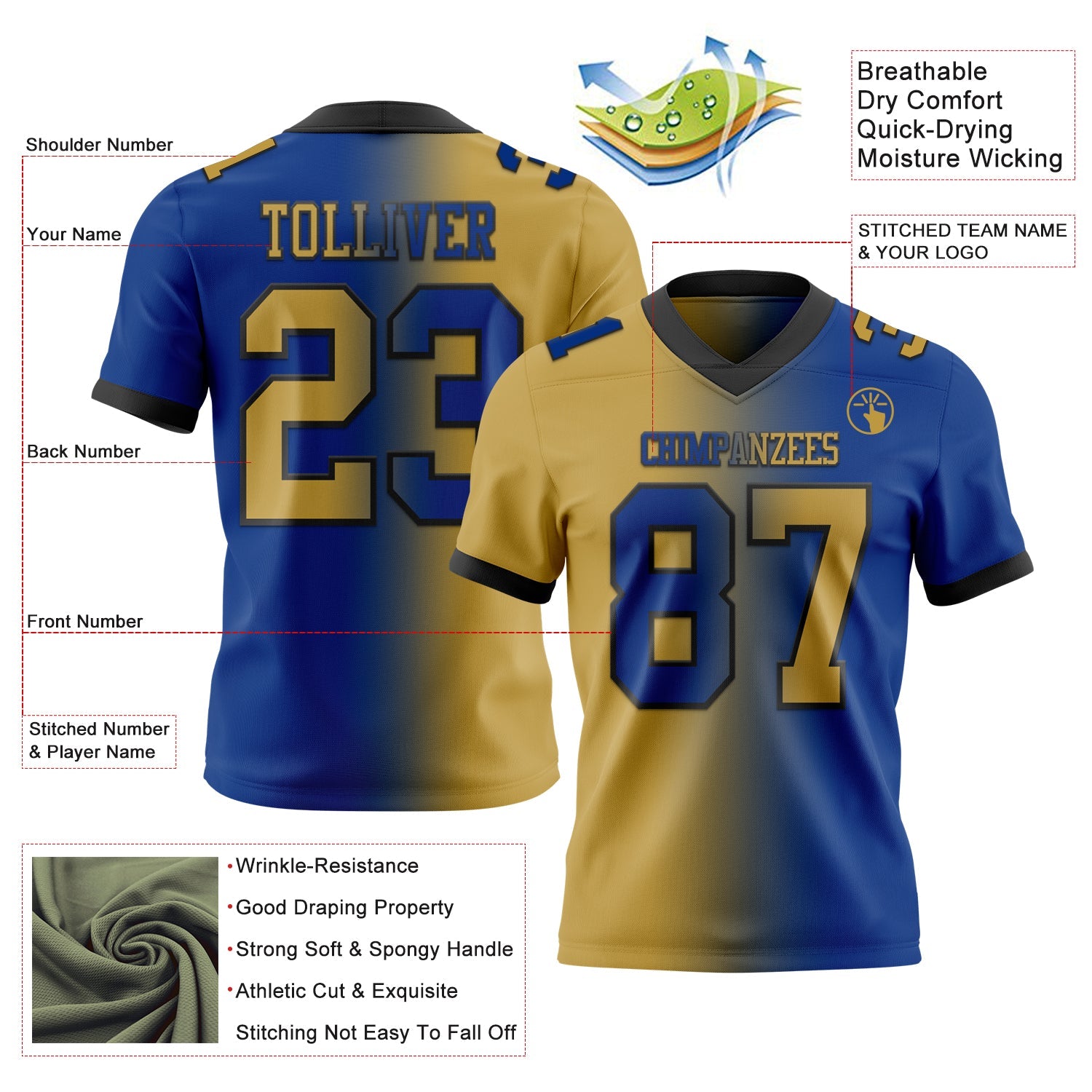 Custom Royal Old Gold-Black Authentic Gradient Fashion Football Jersey view 2