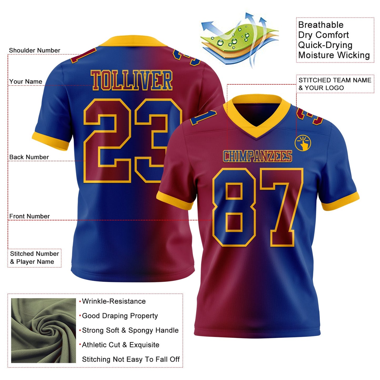 Custom Royal Maroon-Gold Authentic Gradient Fashion Football Jersey view 2