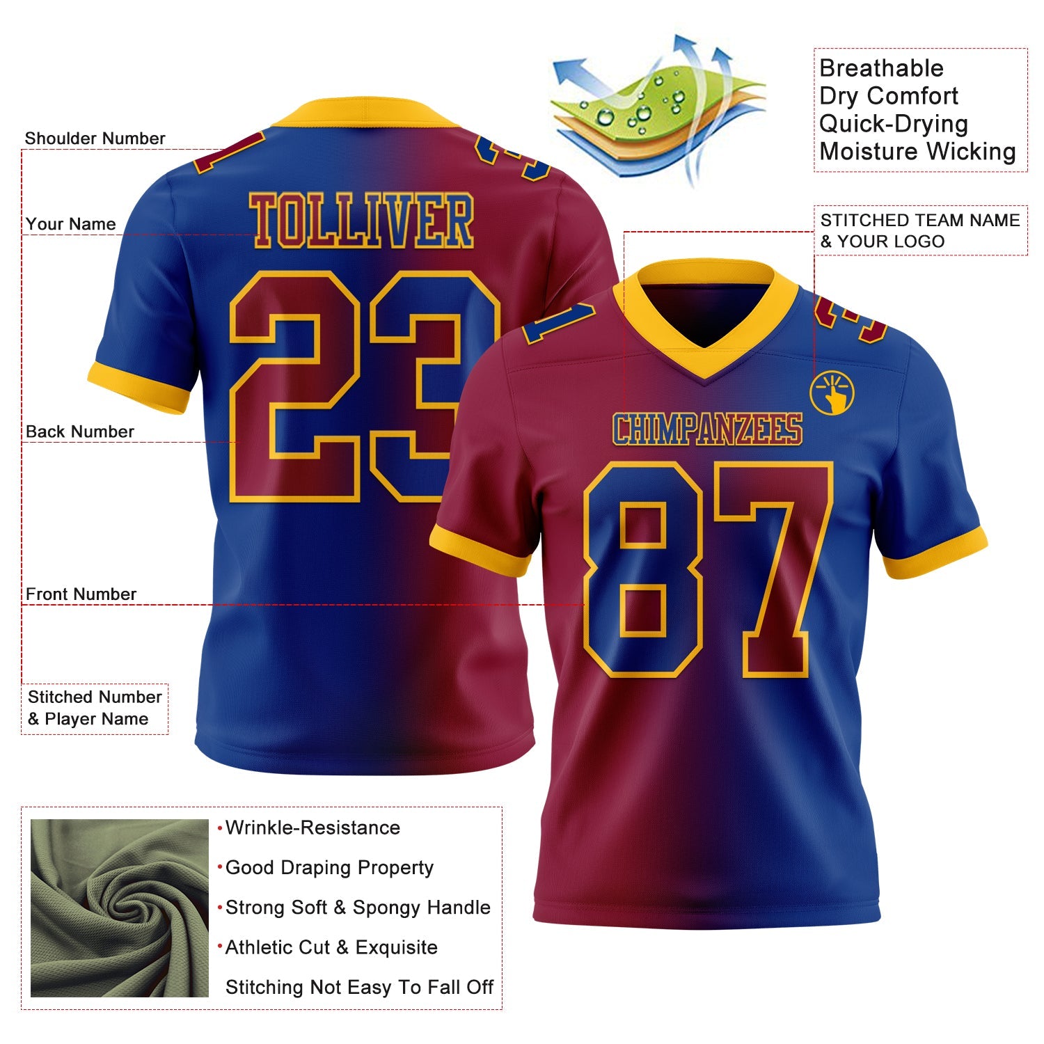 Custom Royal Maroon-Gold Authentic Gradient Fashion Football Jersey view 2