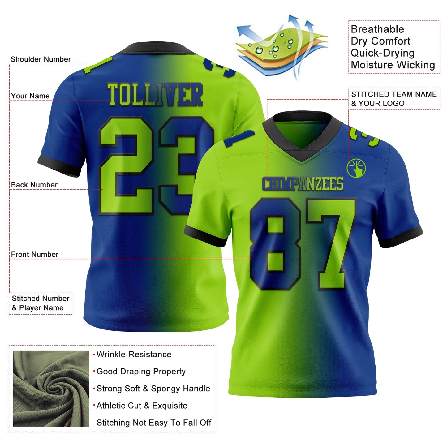 Custom Royal Neon Green-Black Authentic Gradient Fashion Football Jersey view 2