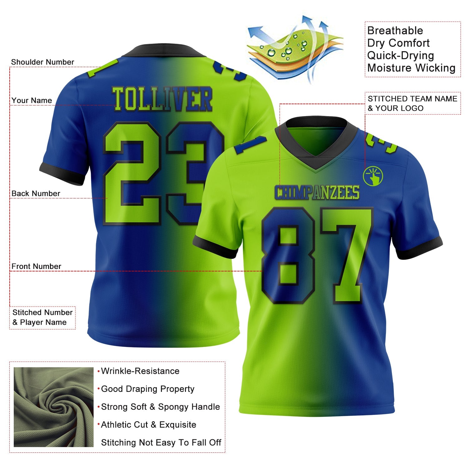 Custom Royal Neon Green-Black Authentic Gradient Fashion Football Jersey view 2