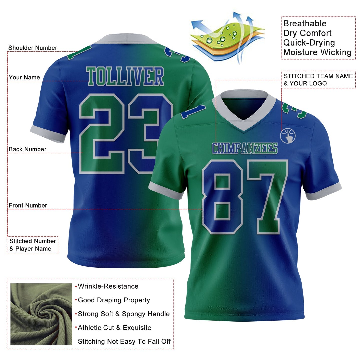 Custom Royal Kelly Green-Gray Authentic Gradient Fashion Football Jersey view 2