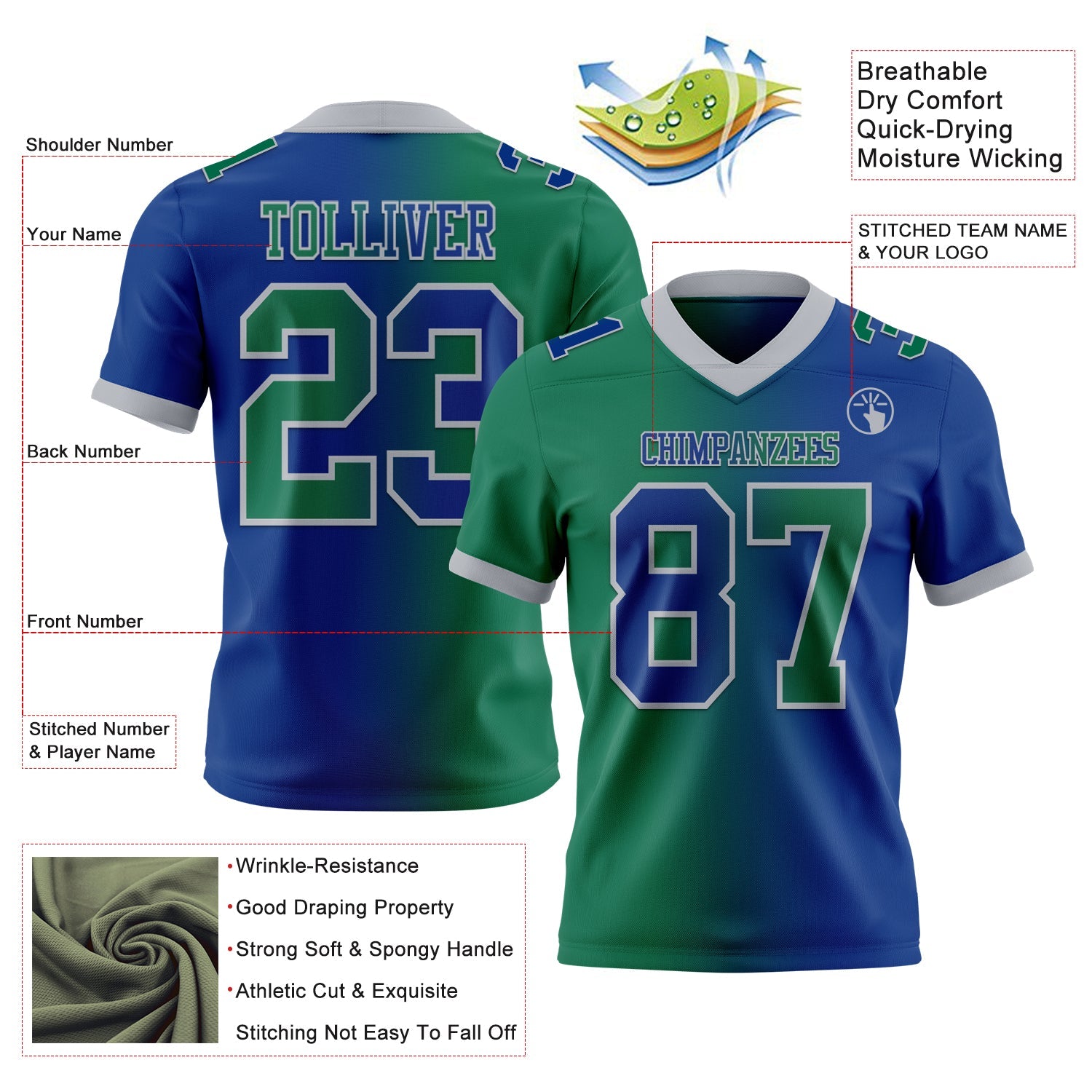 Custom Royal Kelly Green-Gray Authentic Gradient Fashion Football Jersey view 2