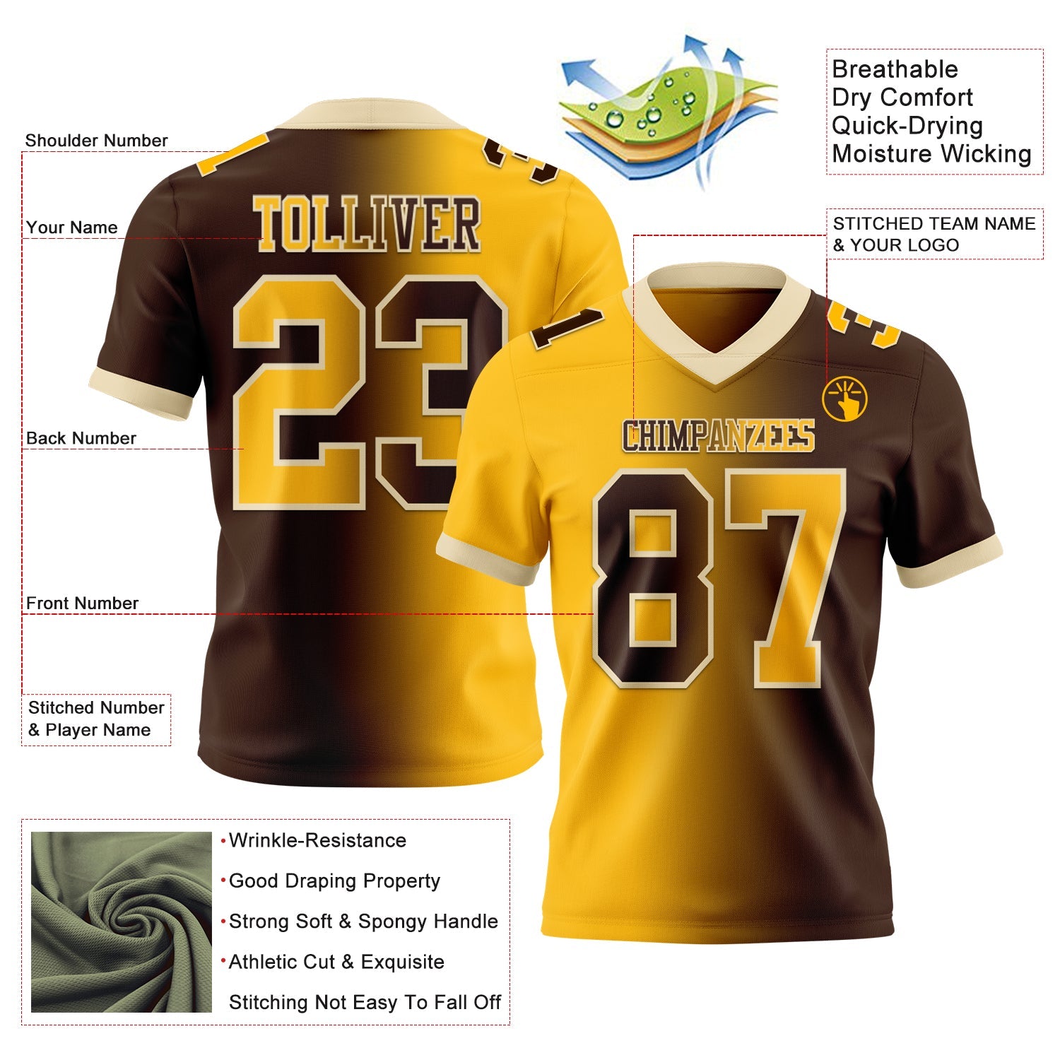 Custom Brown Gold-Cream Authentic Gradient Fashion Football Jersey view 2