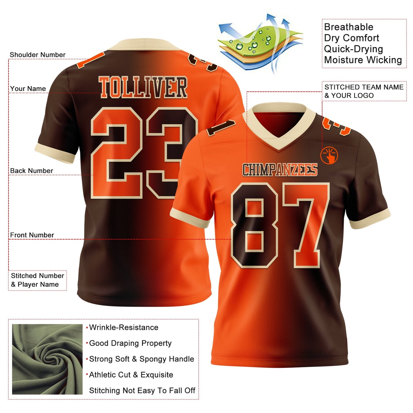 Custom Brown Orange-Cream Authentic Gradient Fashion Football Jersey view 2